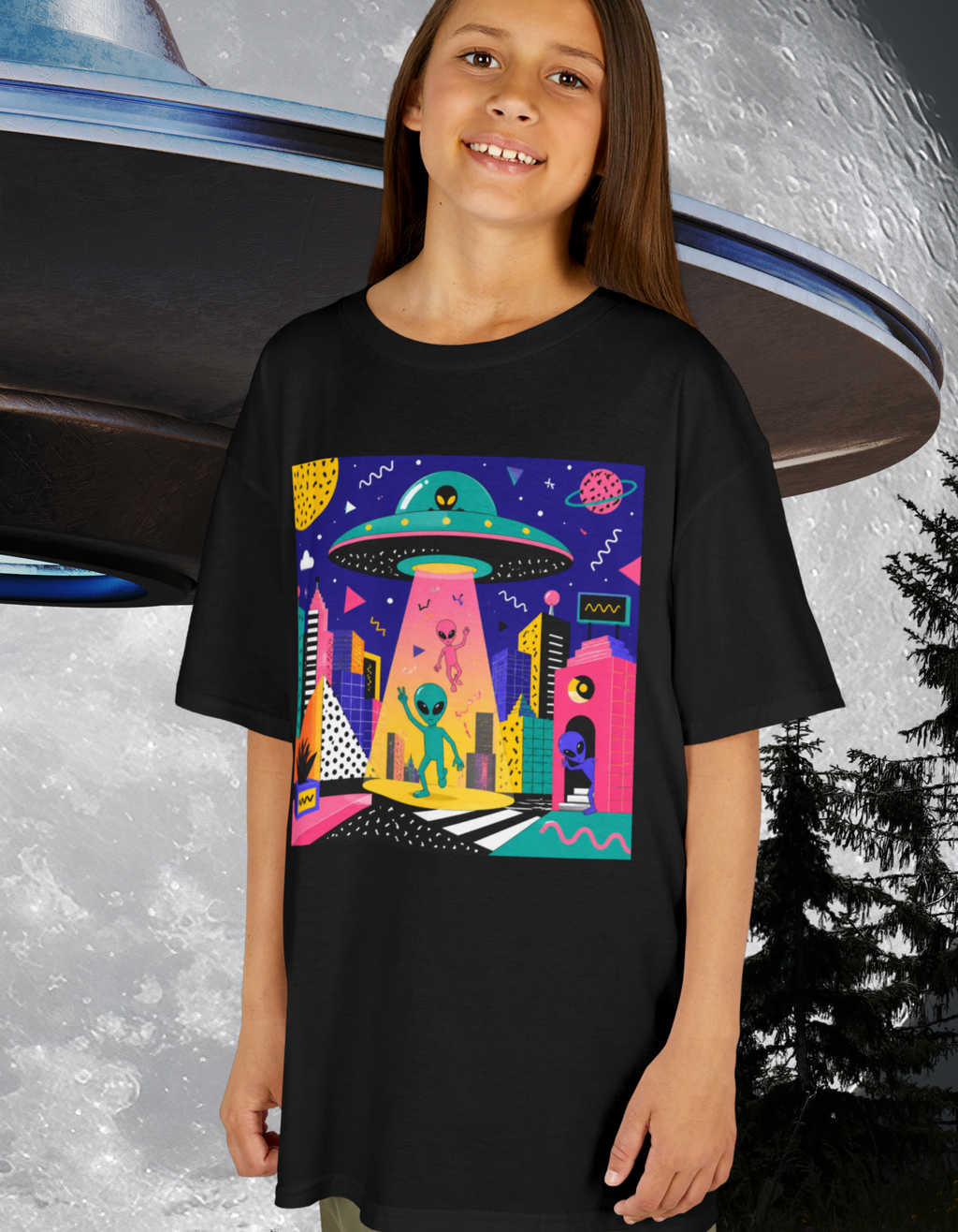 Invasion Kids Tee — Colorful Memphis Style Alien UFO Abduction Space Shirt for Children