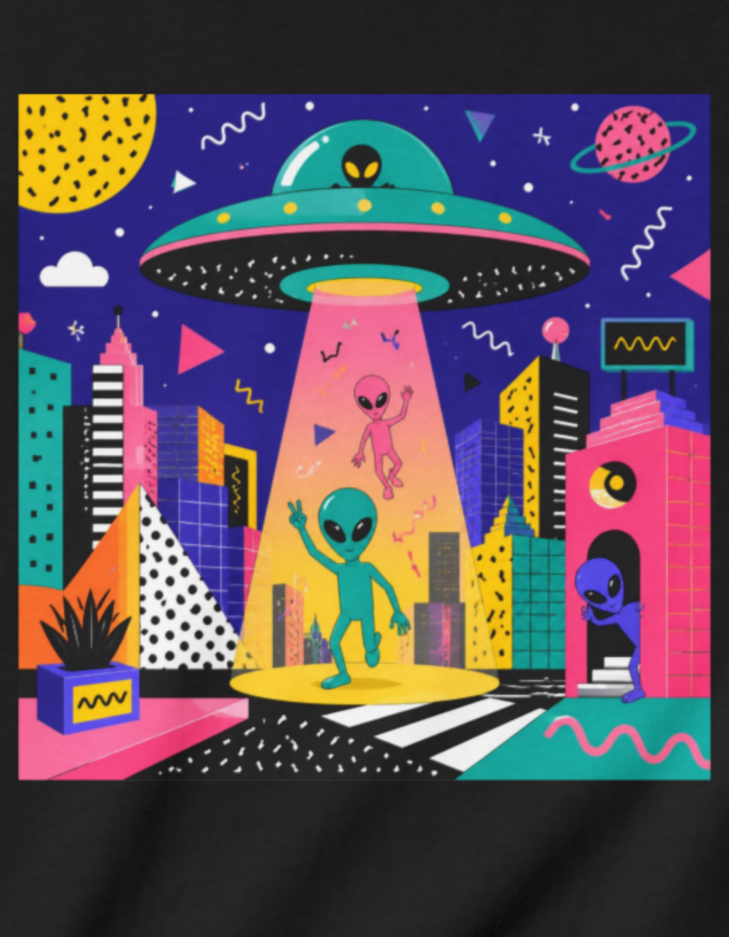 Invasion Kids Tee — Colorful Memphis Style Alien UFO Abduction Space Shirt for Children
