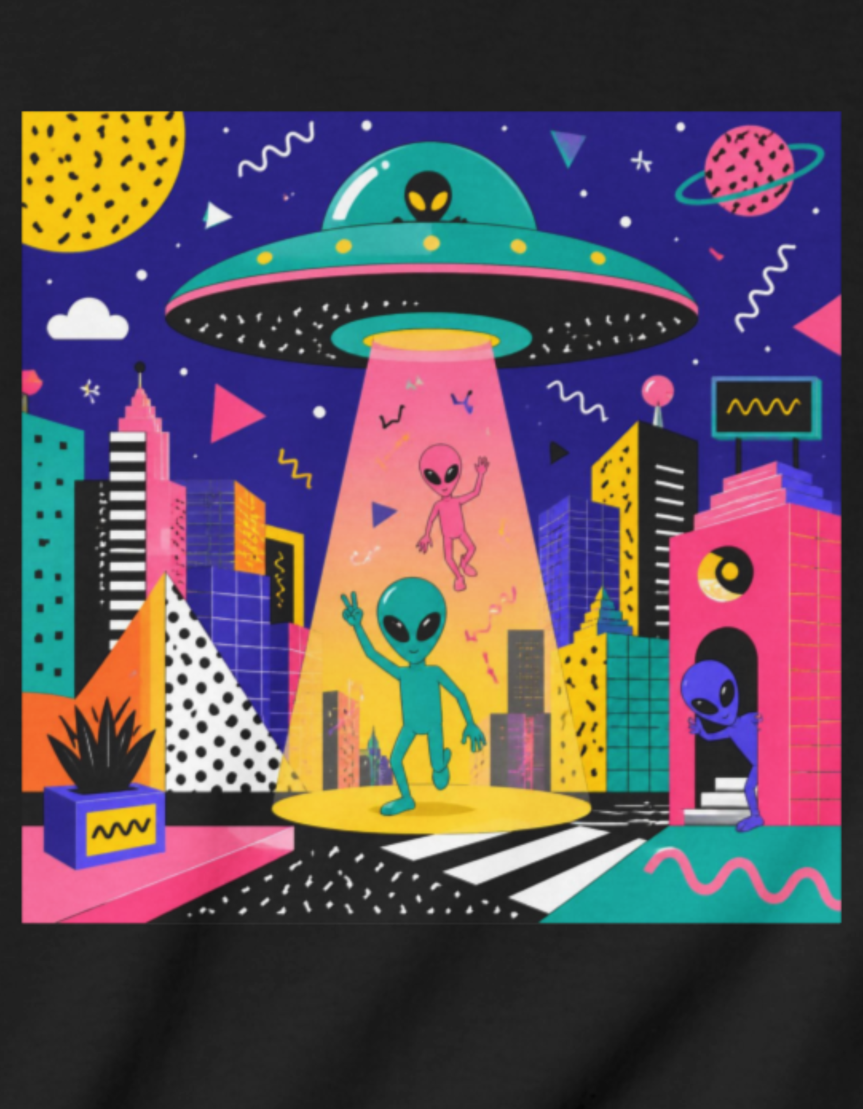 Invasion Kids Tee — Colorful Memphis Style Alien UFO Abduction Space Shirt for Children