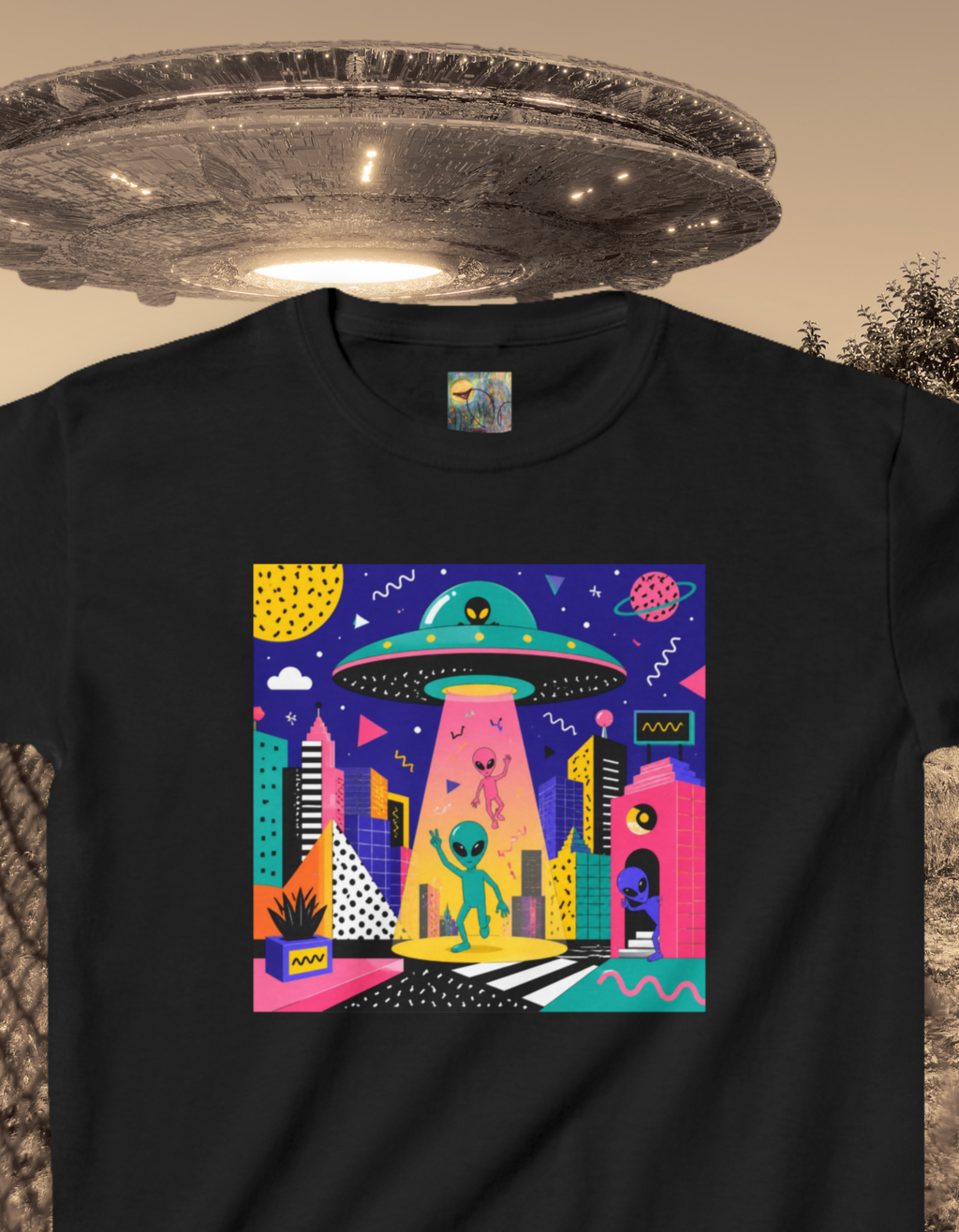 Invasion Kids Tee — Colorful Memphis Style Alien UFO Abduction Space Shirt for Children