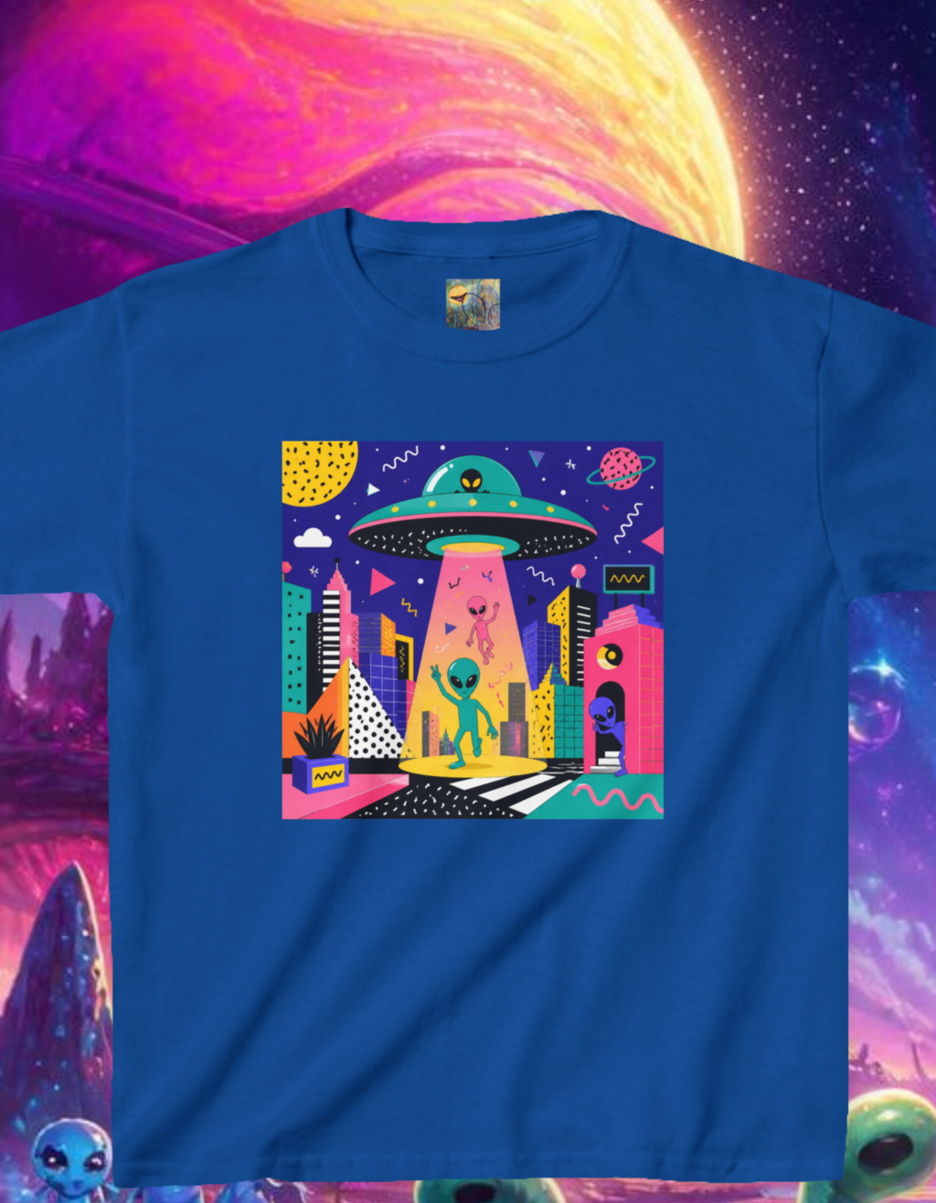 Invasion Kids Tee — Colorful Memphis Style Alien UFO Abduction Space Shirt for Children