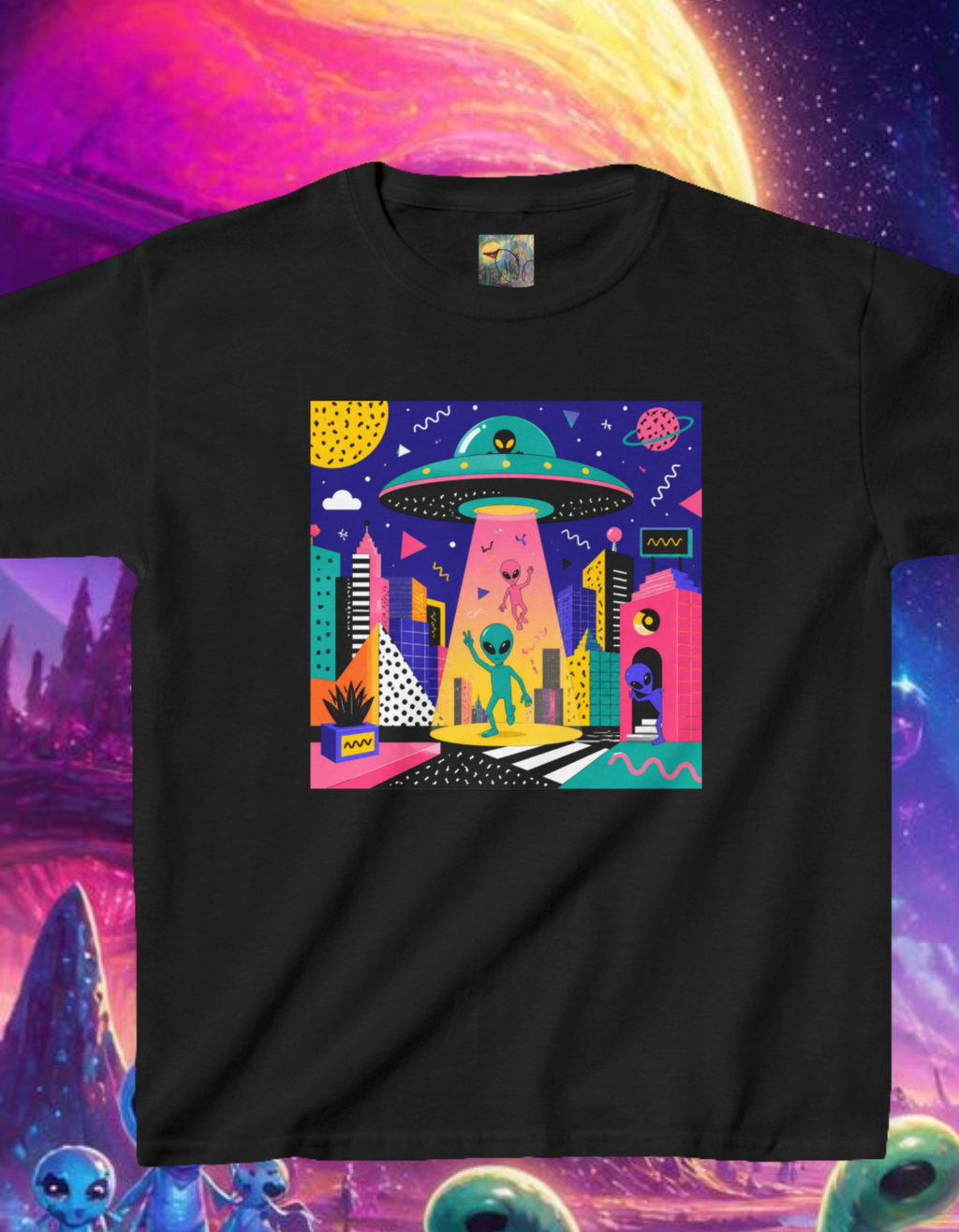 Invasion Kids Tee — Colorful Memphis Style Alien UFO Abduction Space Shirt for Children