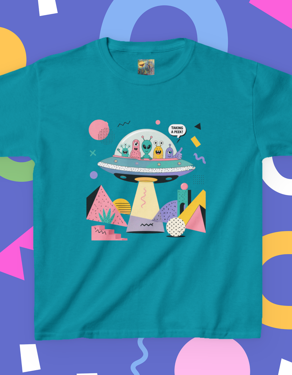 Memphis Style Kids Alien UFO Tee — Cute Cartoon Spaceship Shirt for Boys & Girls