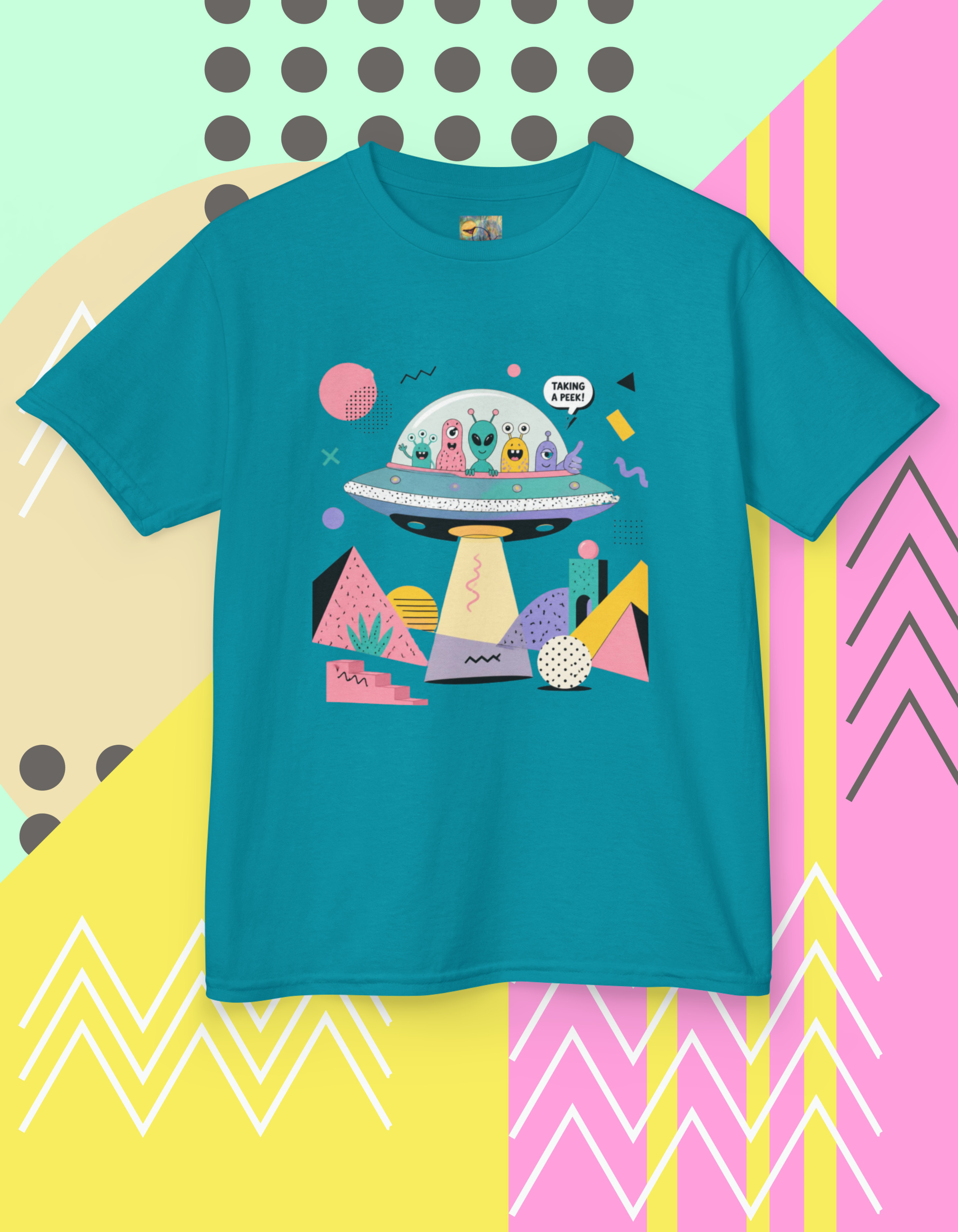 Memphis Style Kids Alien UFO Tee — Cute Cartoon Spaceship Shirt for Boys & Girls