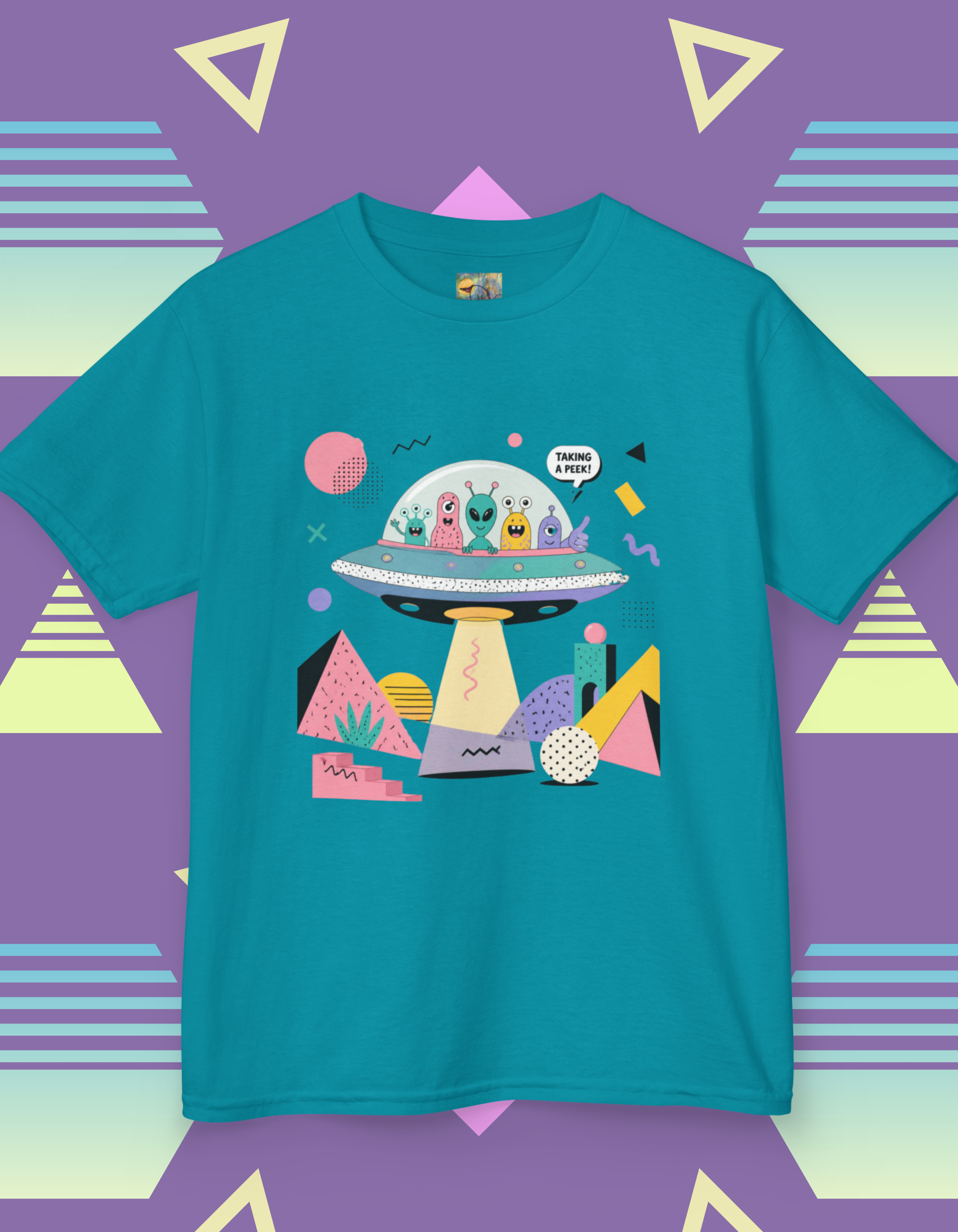 Memphis Style Kids Alien UFO Tee — Cute Cartoon Spaceship Shirt for Boys & Girls