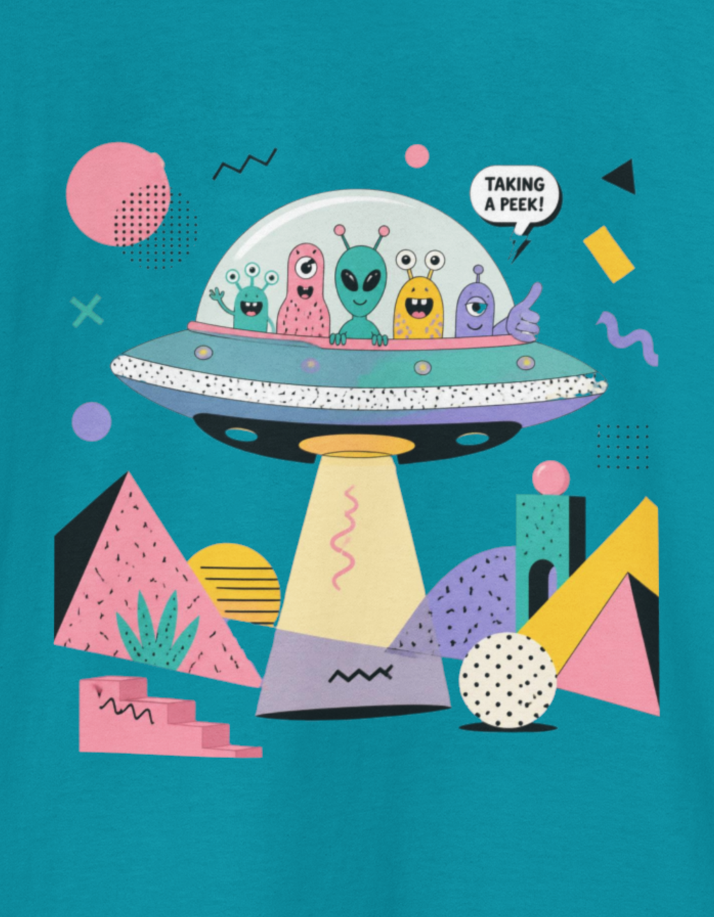 Memphis Style Kids Alien UFO Tee — Cute Cartoon Spaceship Shirt for Boys & Girls