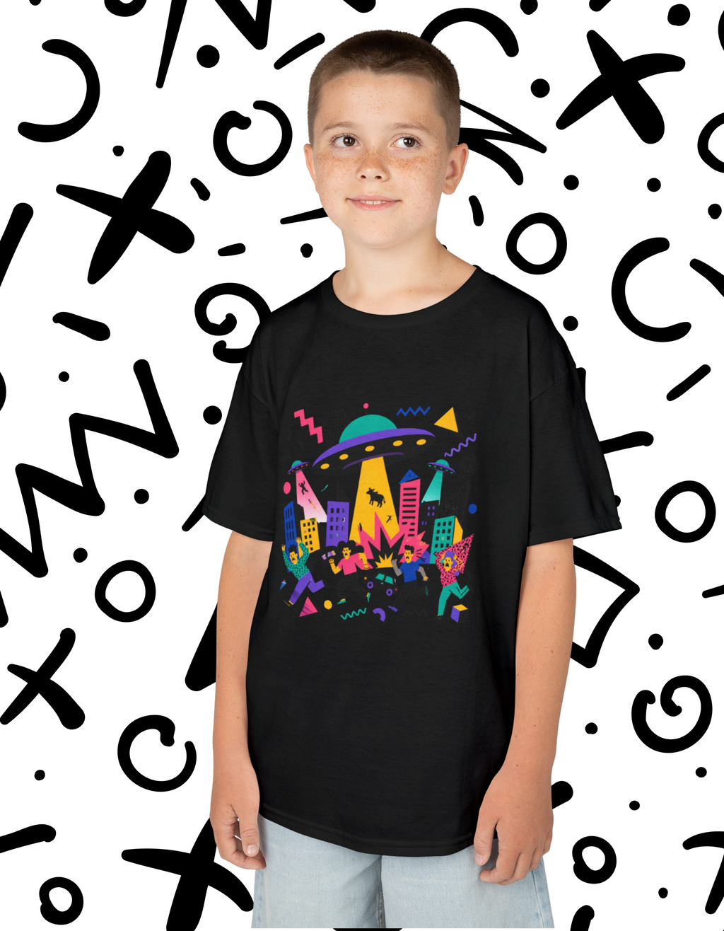 Kids Memphis style UFO Alien City Tee — Colorful Retro Space Abduction Design