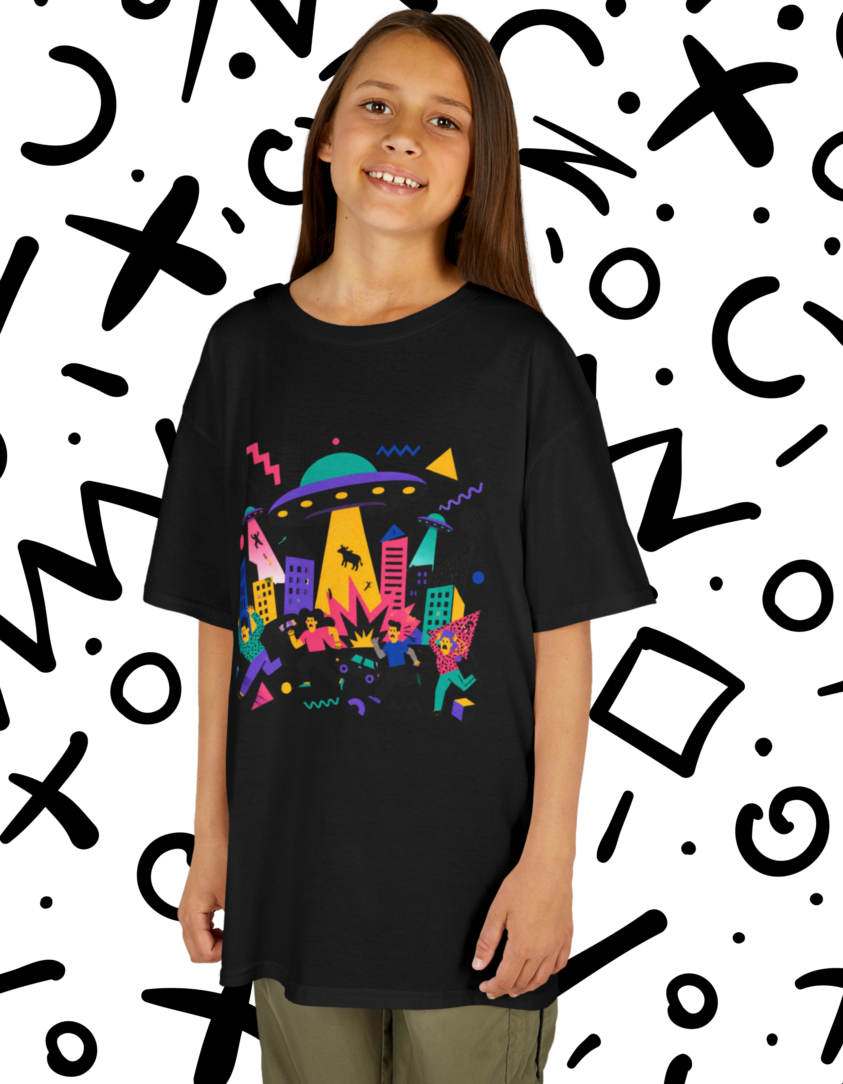 Kids Memphis style UFO Alien City Tee — Colorful Retro Space Abduction Design