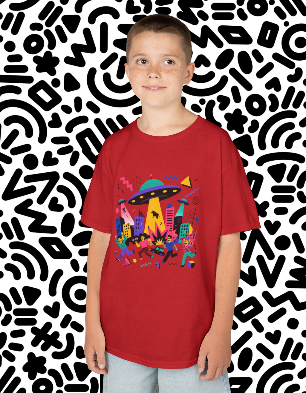 Kids Memphis style UFO Alien City Tee — Colorful Retro Space Abduction Design