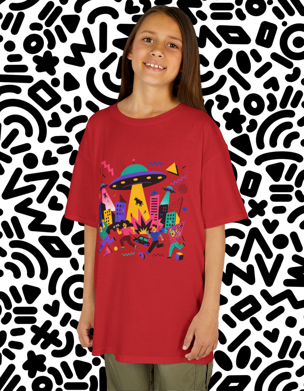 Kids Memphis style UFO Alien City Tee — Colorful Retro Space Abduction Design