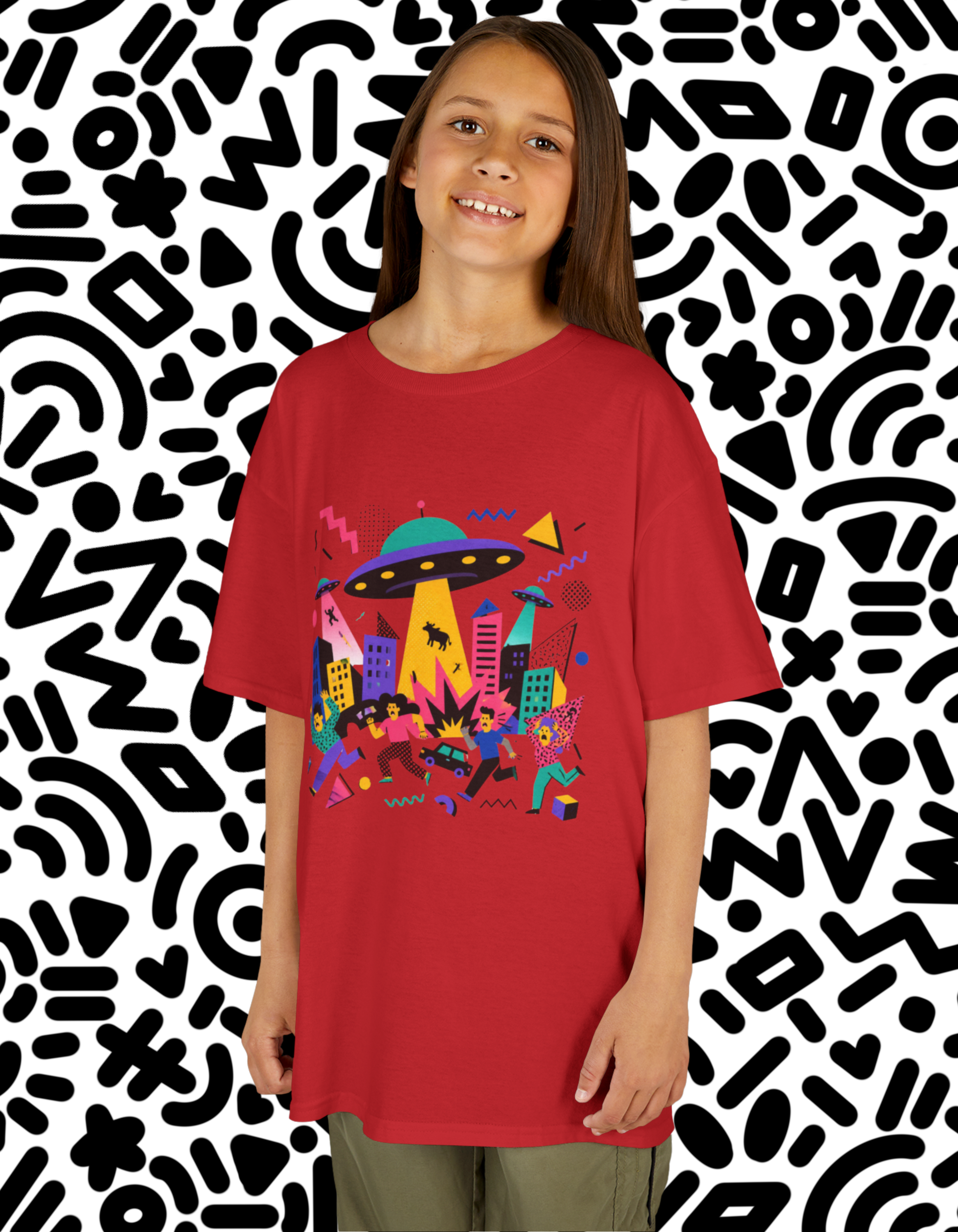 Kids Memphis style UFO Alien City Tee — Colorful Retro Space Abduction Design