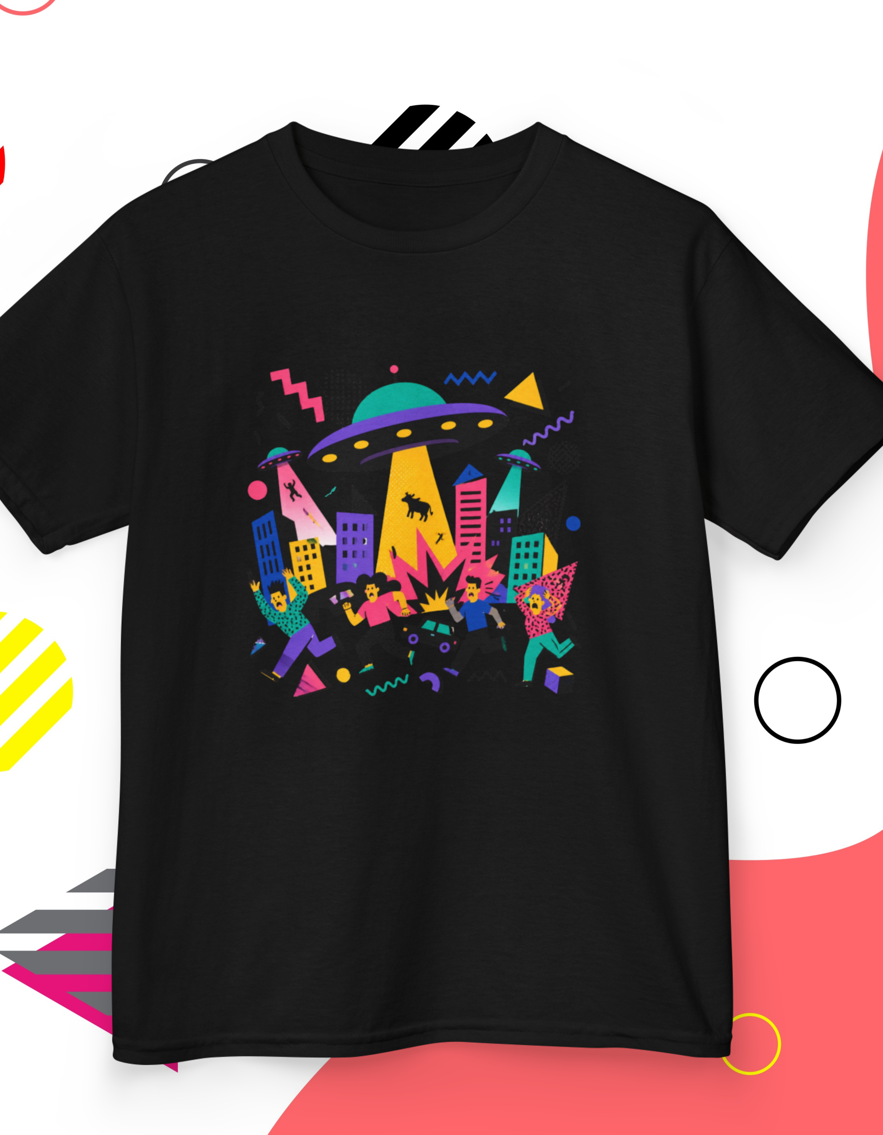 Kids Memphis style UFO Alien City Tee — Colorful Retro Space Abduction Design