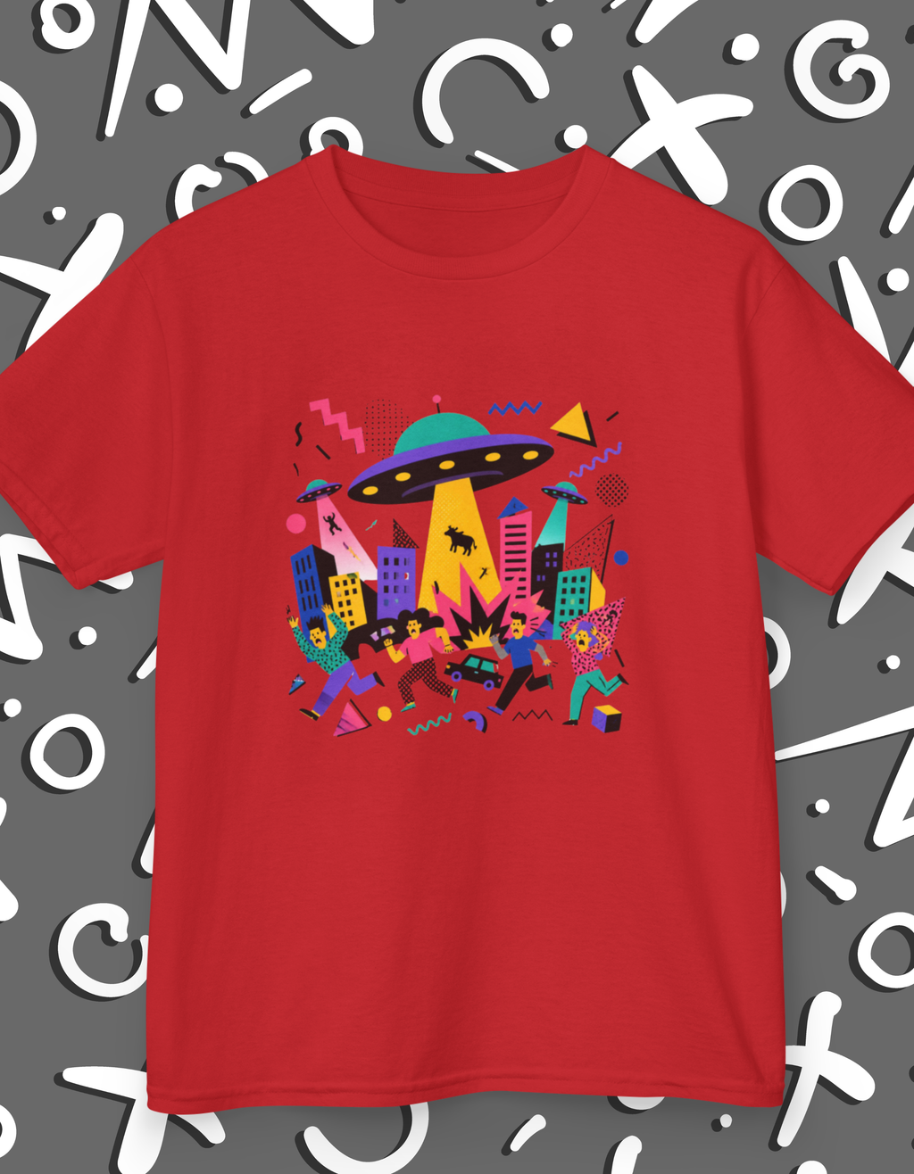 Kids Memphis style UFO Alien City Tee — Colorful Retro Space Abduction Design