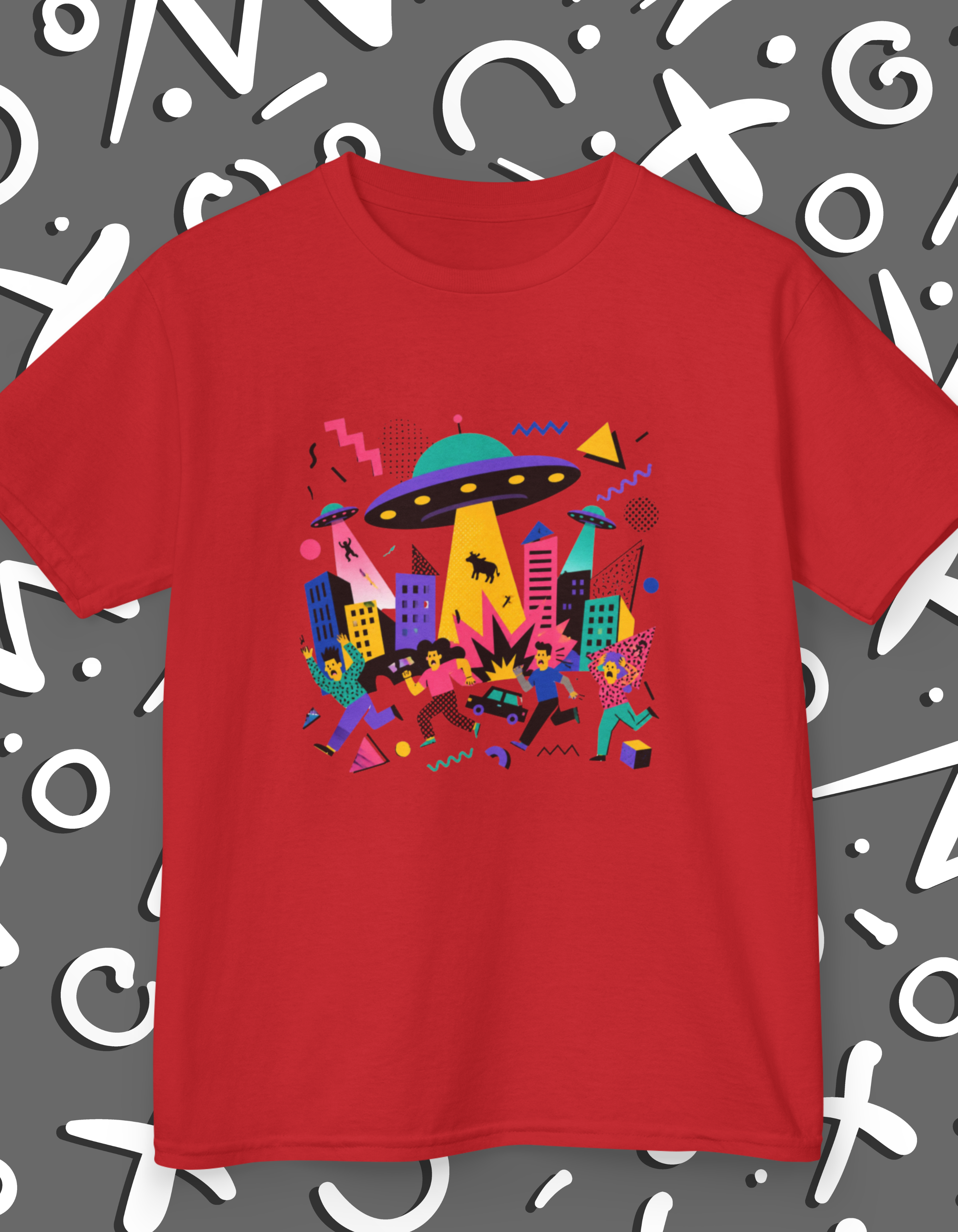 Kids Memphis style UFO Alien City Tee — Colorful Retro Space Abduction Design