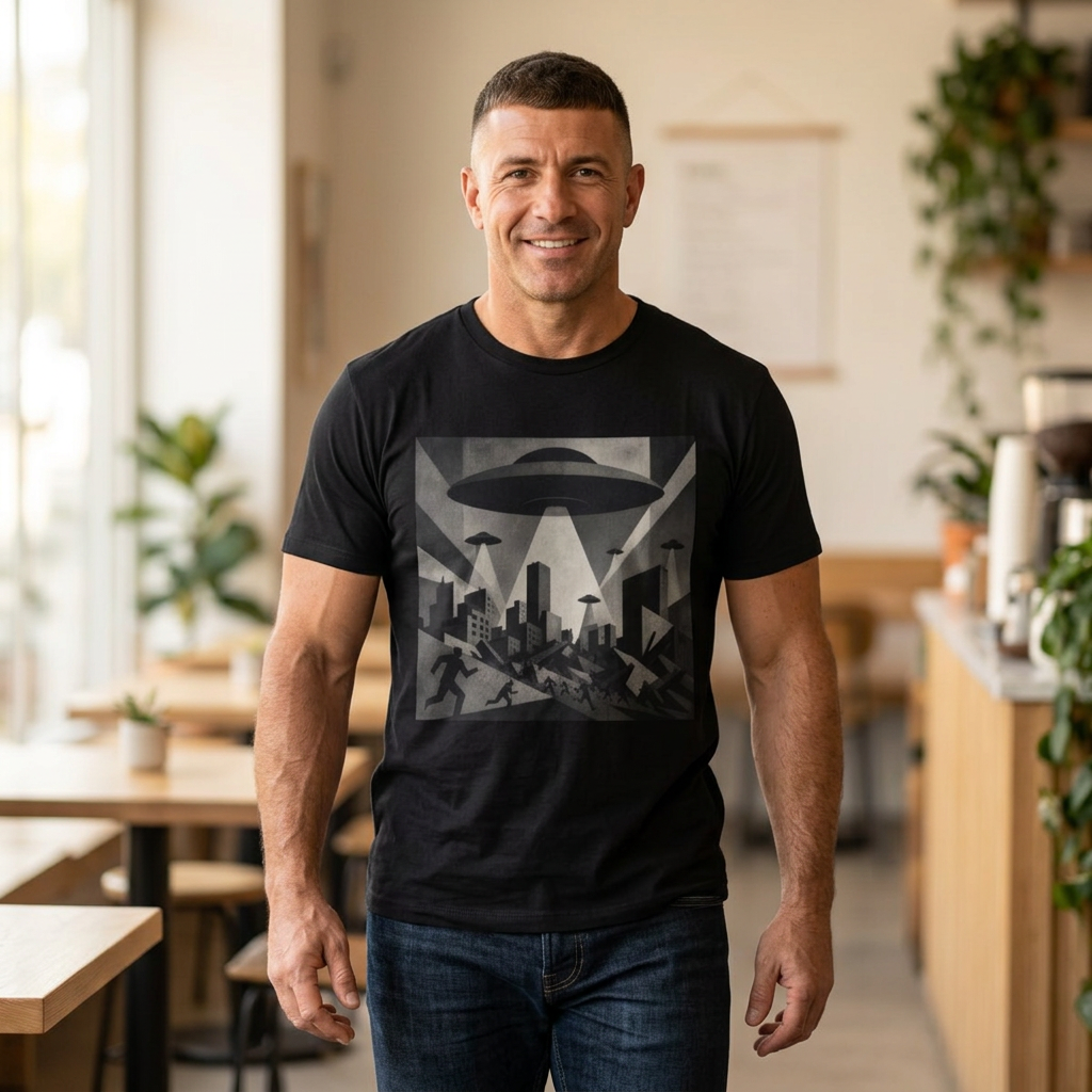 UFO Invasion T-Shirt — Vintage Alien Spaceship Cityscape