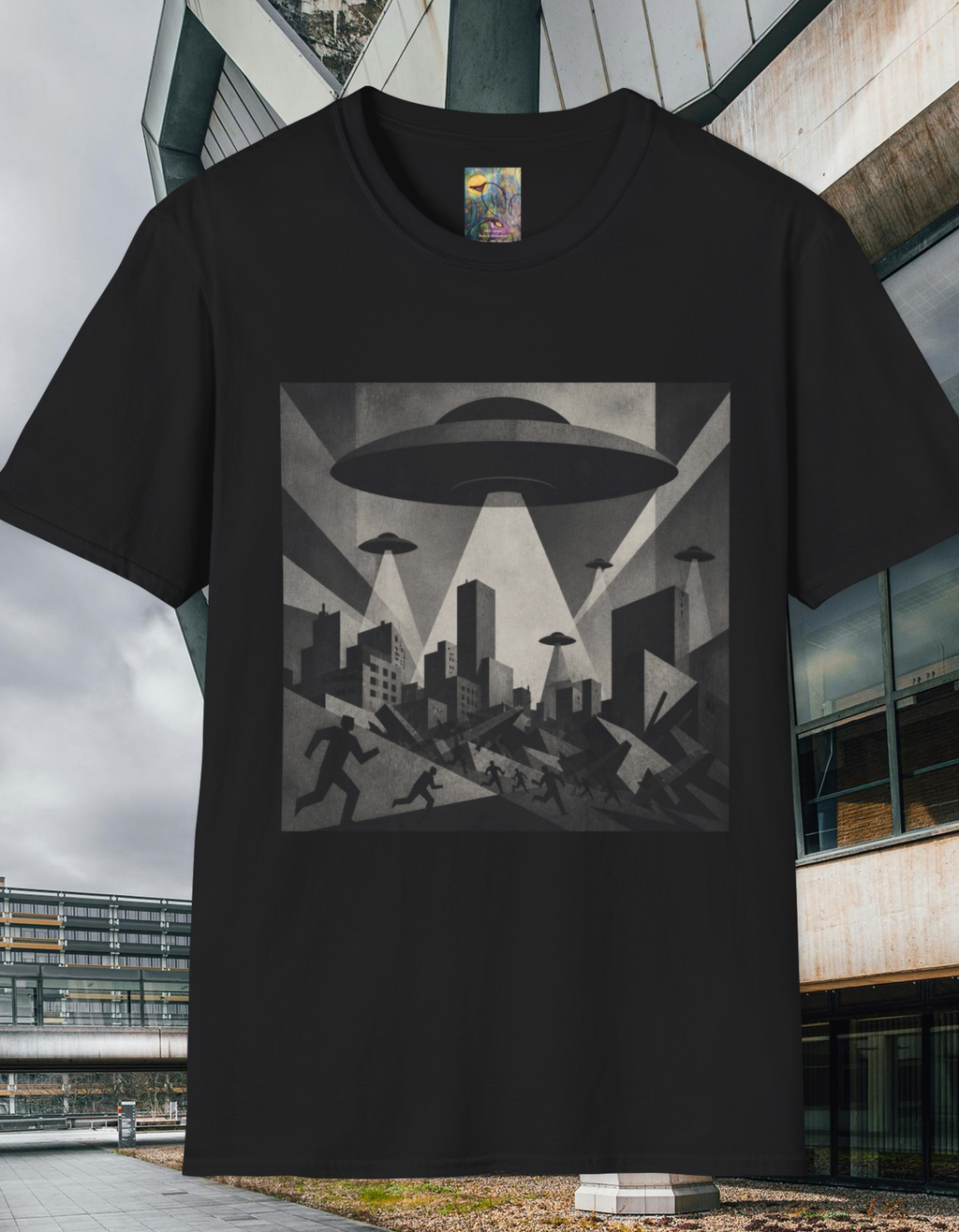 UFO Invasion T-Shirt — Vintage Alien Spaceship Cityscape