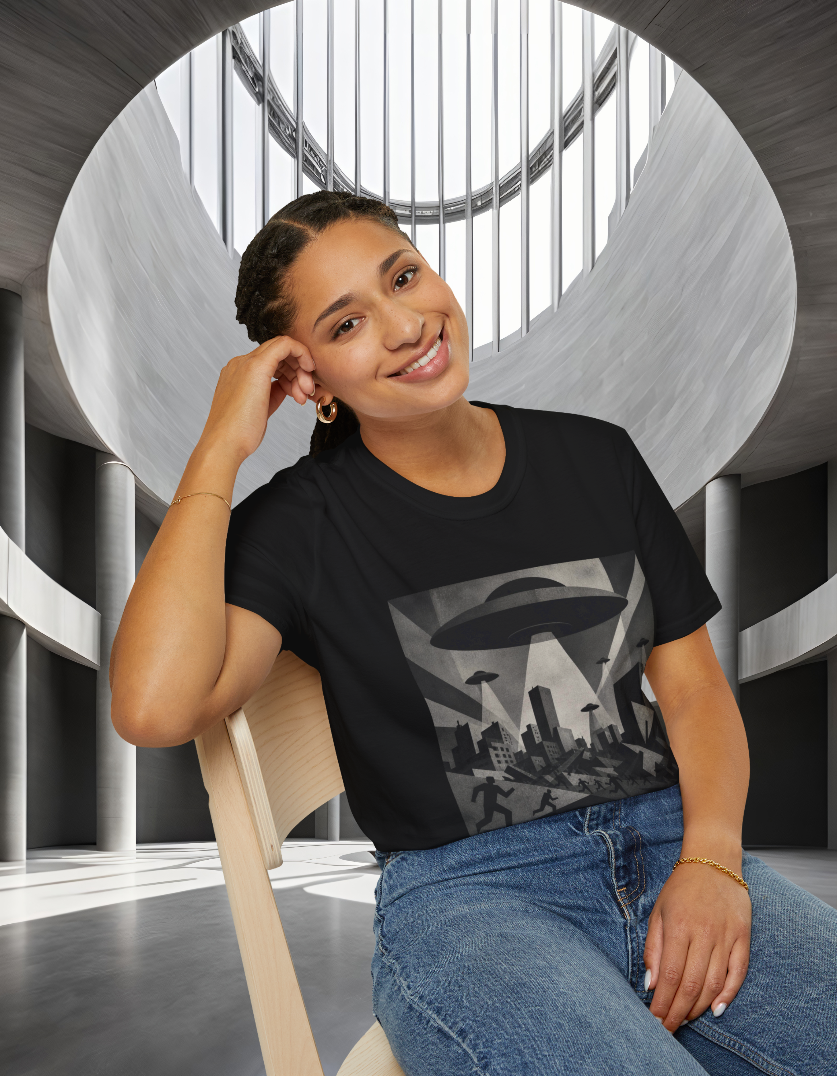 UFO Invasion T-Shirt — Vintage Alien Spaceship Cityscape