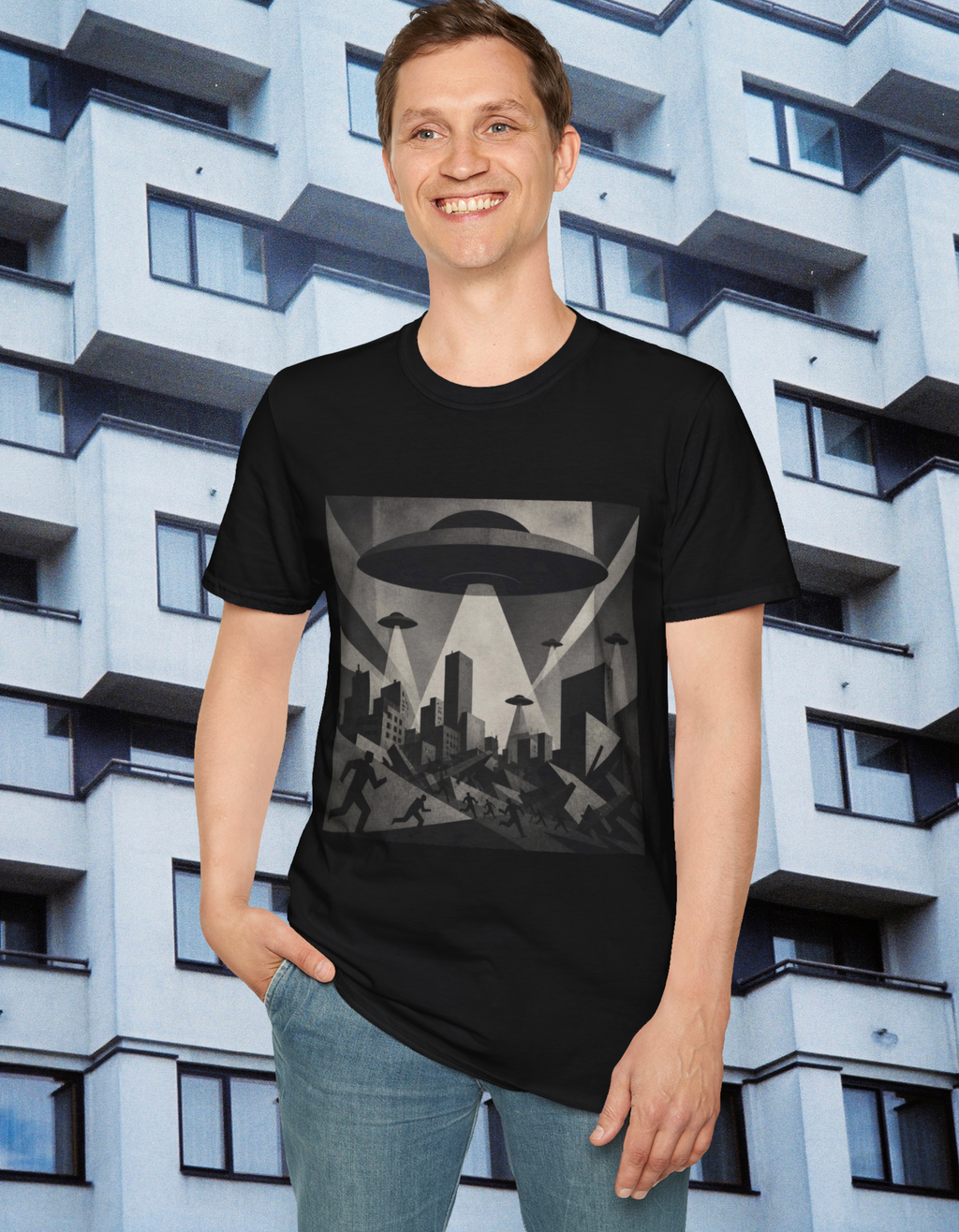 UFO Invasion T-Shirt — Vintage Alien Spaceship Cityscape