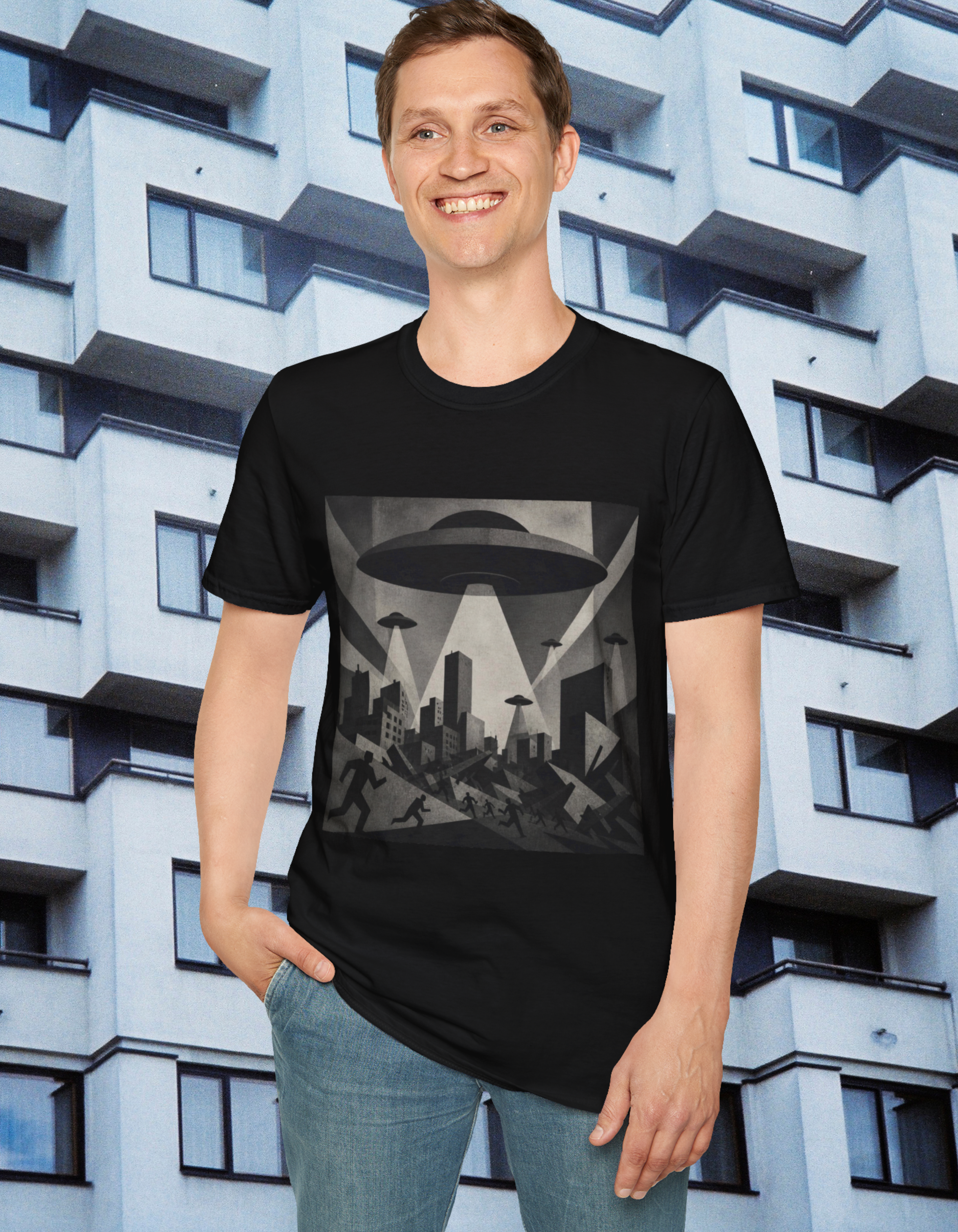 UFO Invasion T-Shirt — Vintage Alien Spaceship Cityscape