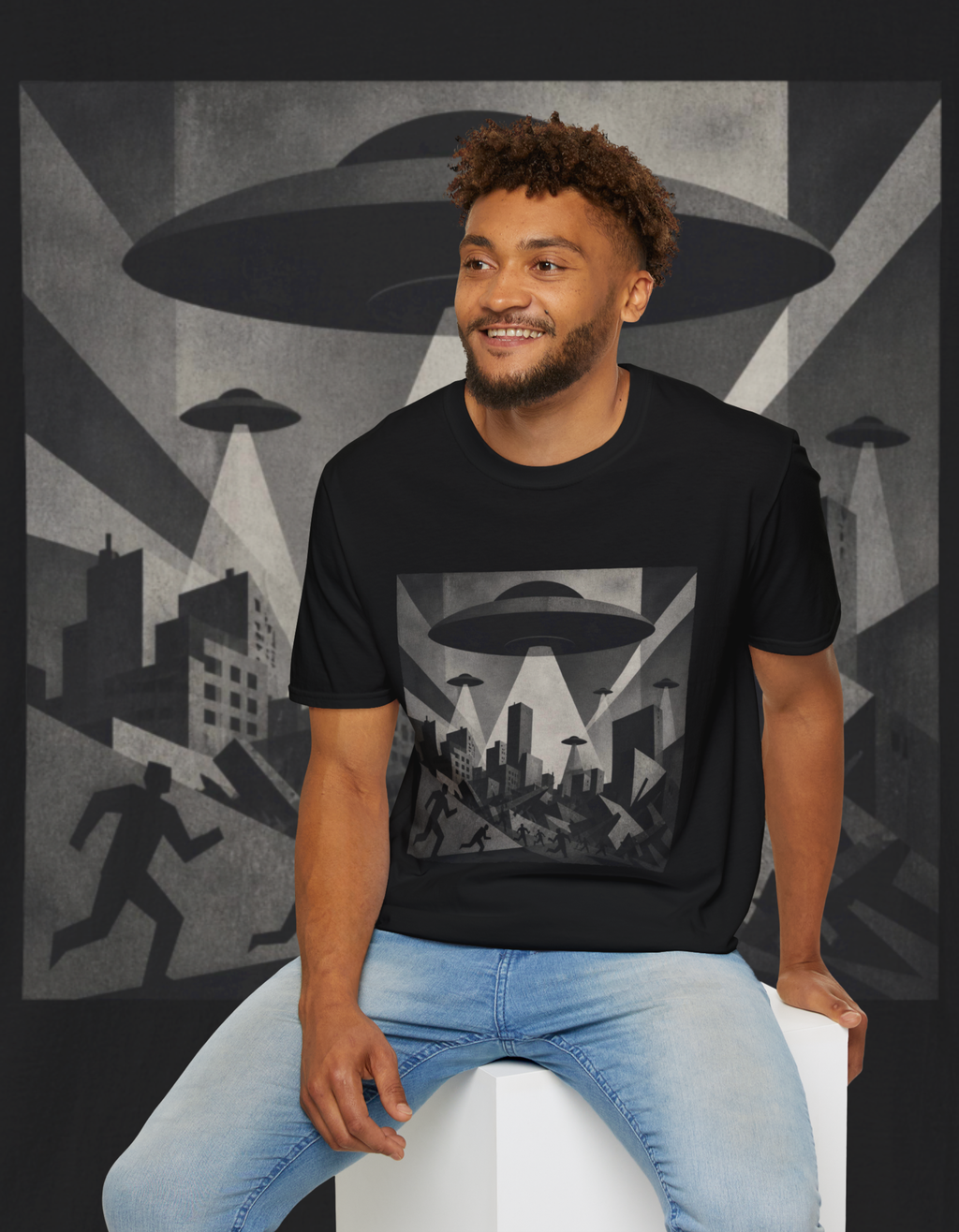 UFO Invasion T-Shirt — Vintage Alien Spaceship Cityscape