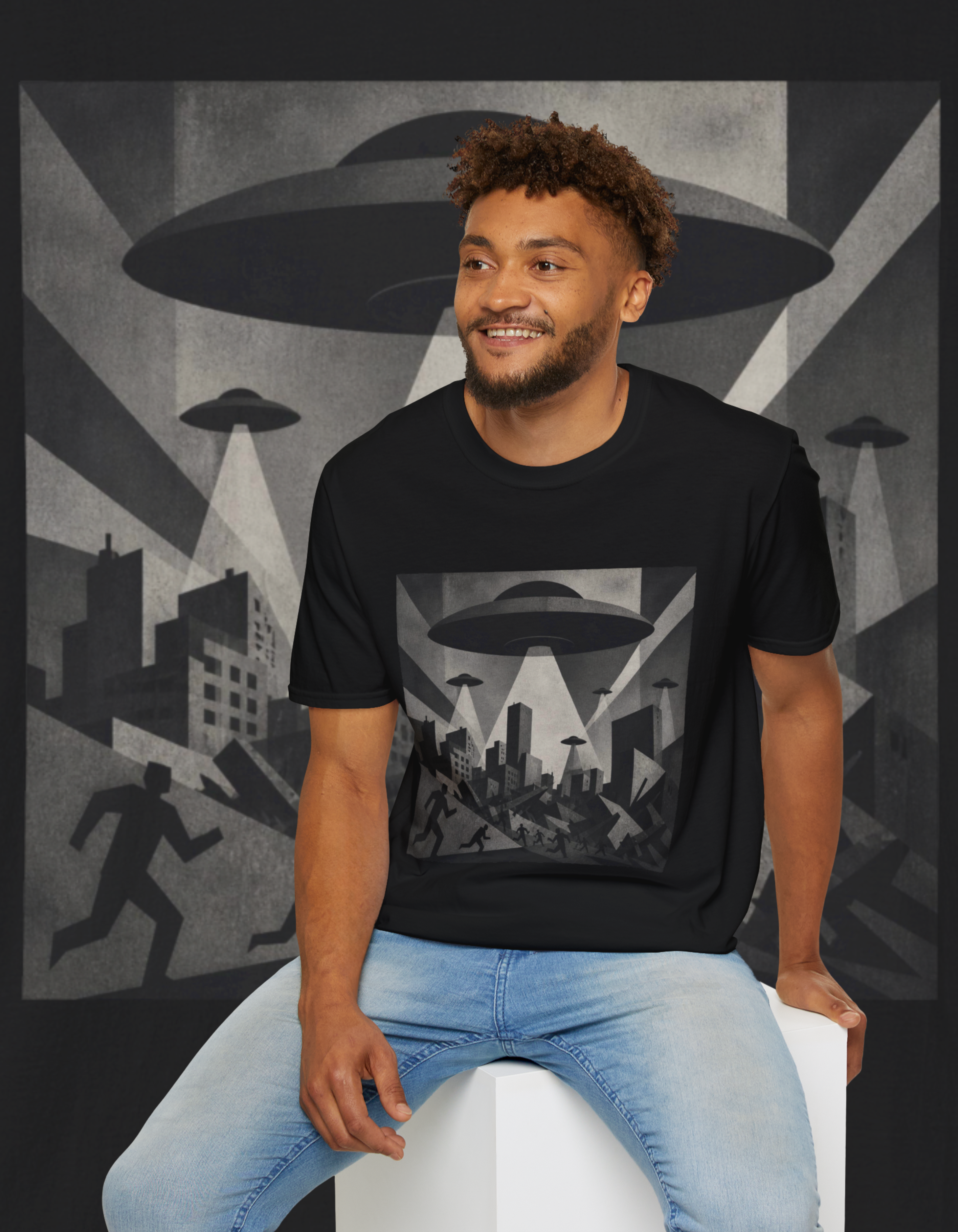 UFO Invasion T-Shirt — Vintage Alien Spaceship Cityscape