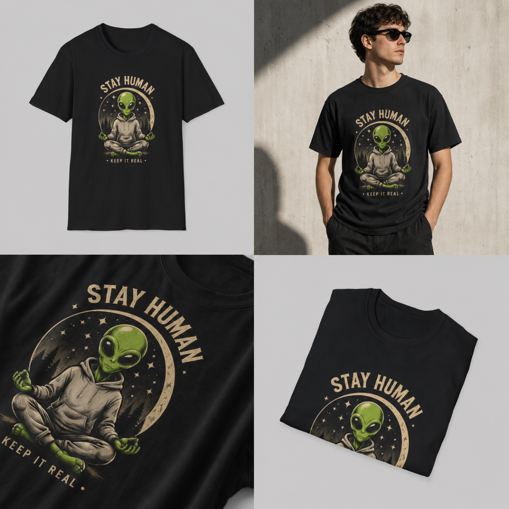Alien 'Stay Human' T-Shirt — Meditation Graphic Tee, Keep It Real