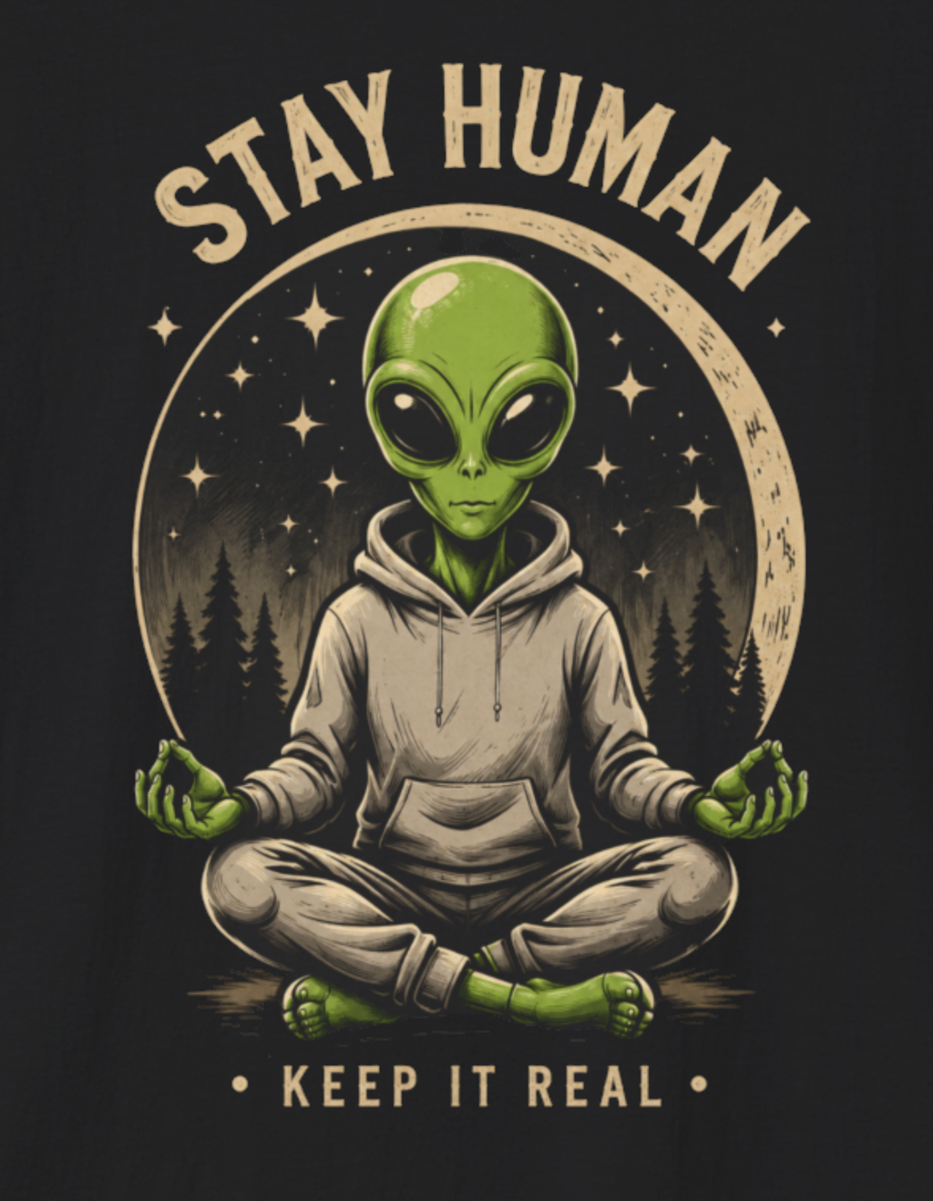 Alien 'Stay Human' T-Shirt — Meditation Graphic Tee, Keep It Real