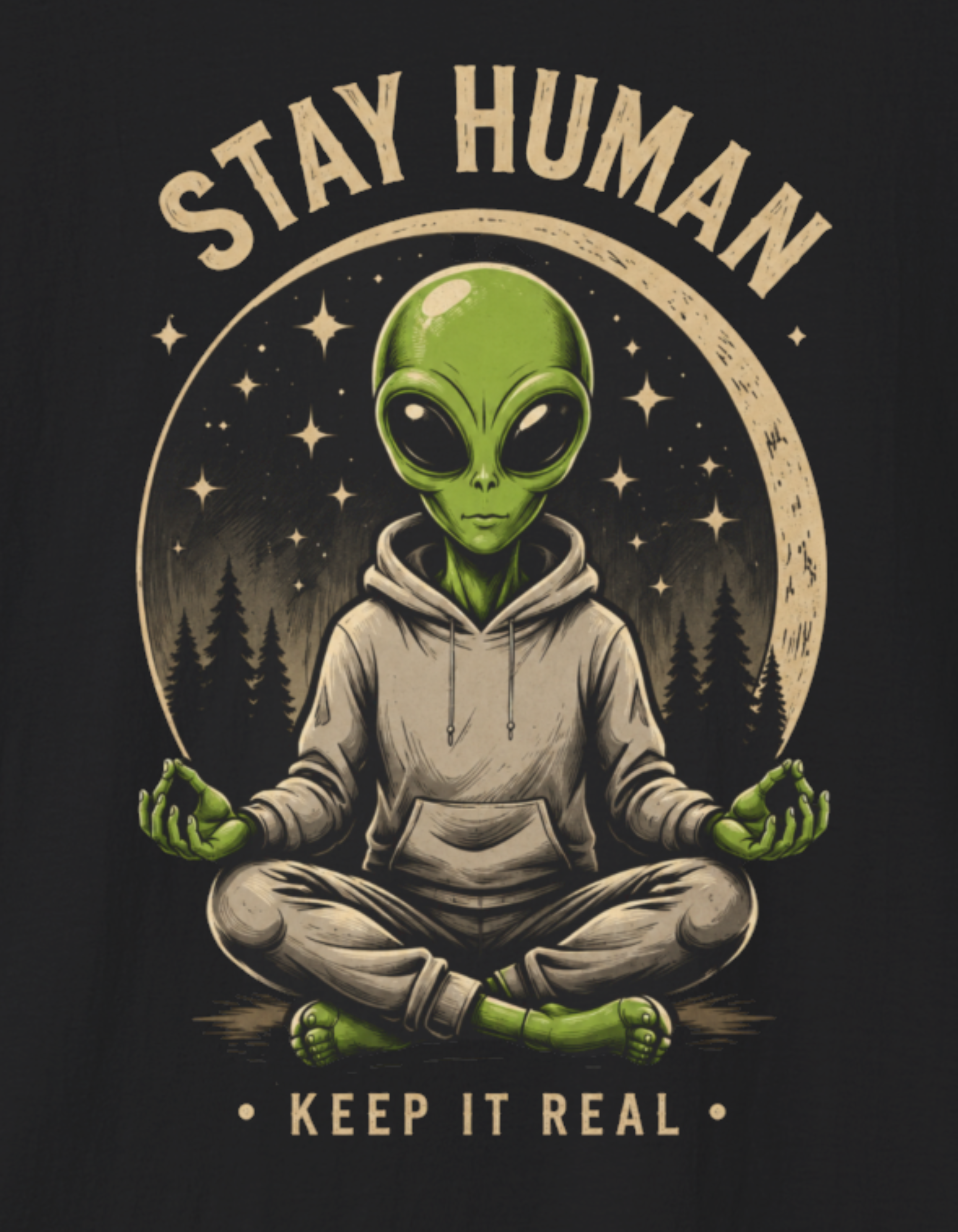 Alien 'Stay Human' T-Shirt — Meditation Graphic Tee, Keep It Real