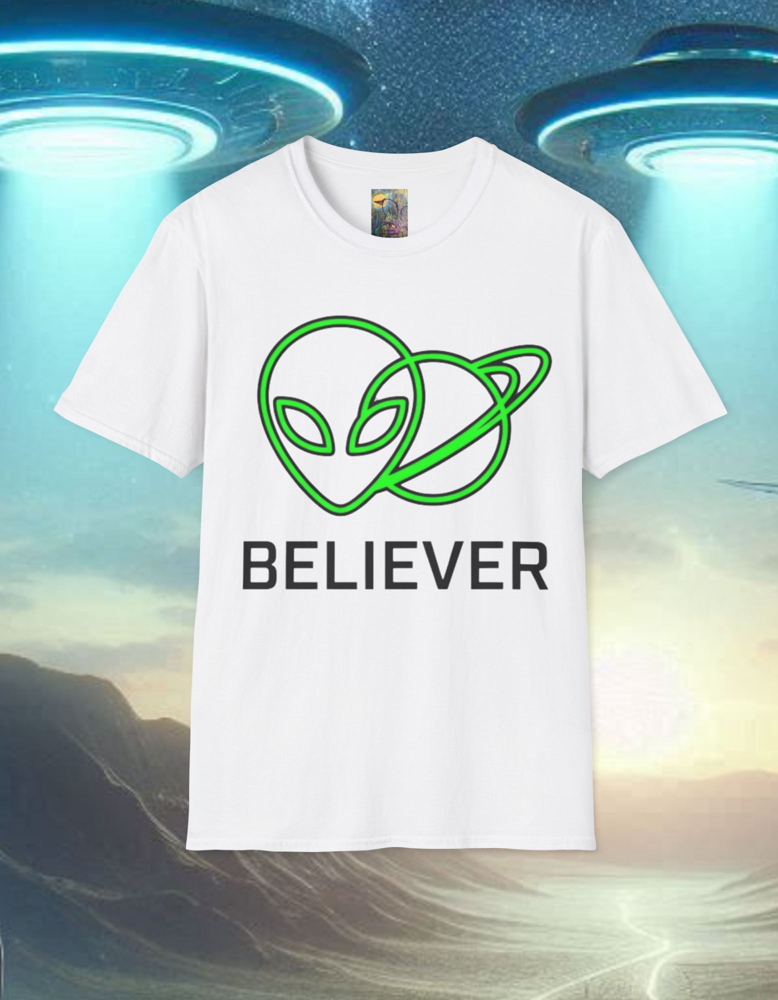 Alien Believer T-Shirt — Neon Green UFO Graphic Tee for Sci‑Fi Fans