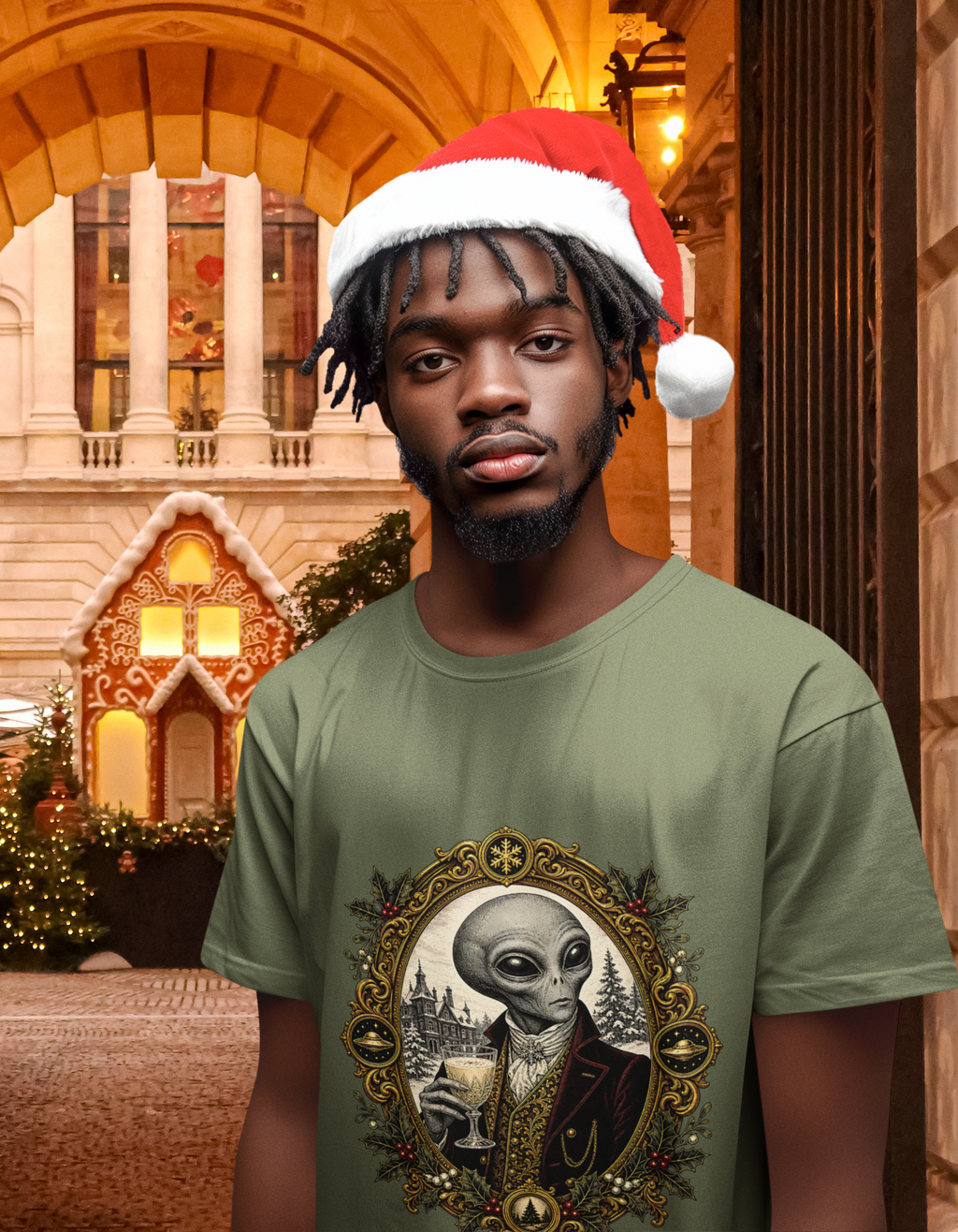 Christmas Alien Portrait T-Shirt — Vintage Victorian Extraterrestrial Graphic Tee