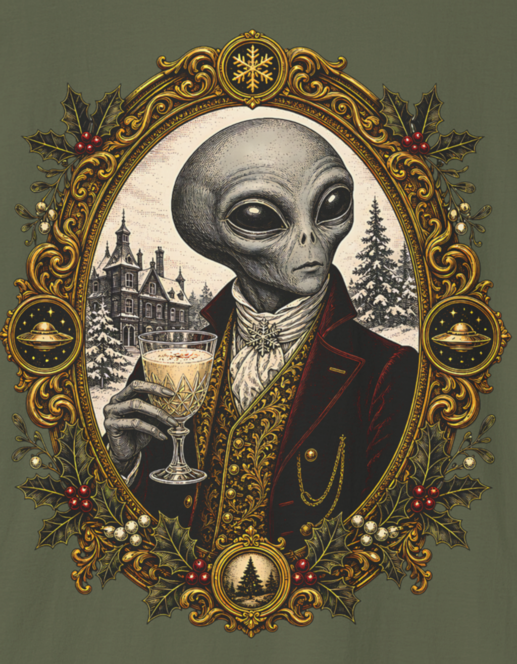 Christmas Alien Portrait T-Shirt — Vintage Victorian Extraterrestrial Graphic Tee