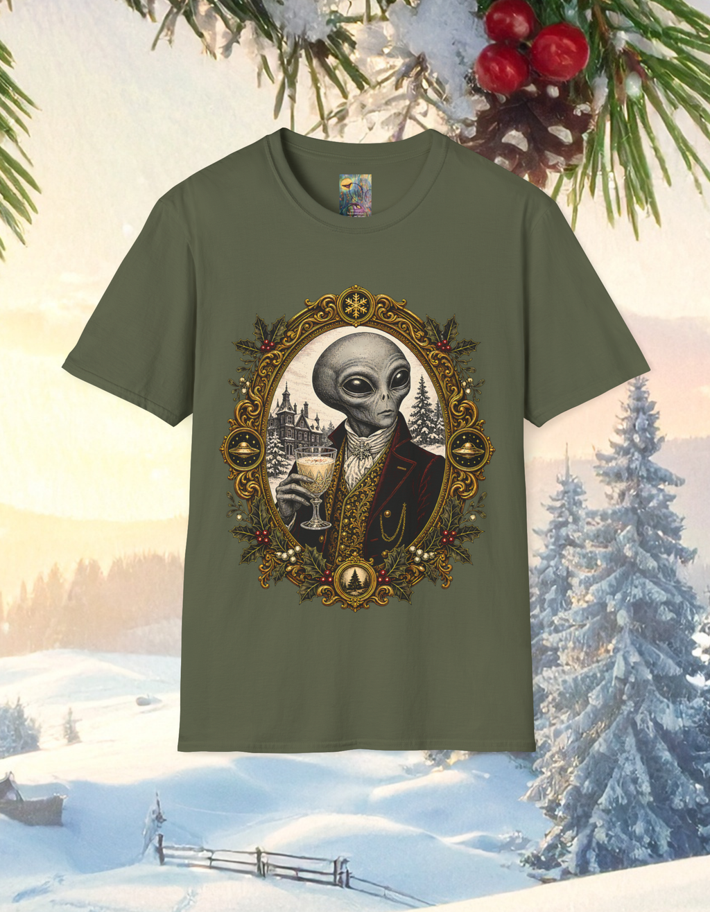 Christmas Alien Portrait T-Shirt — Vintage Victorian Extraterrestrial Graphic Tee