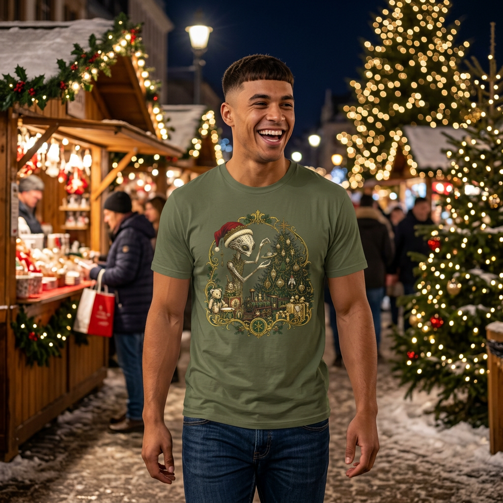 Victorian Christmas Alien Santa Tree T‑Shirt — Funny Retro Extraterrestrial Christmas Tee