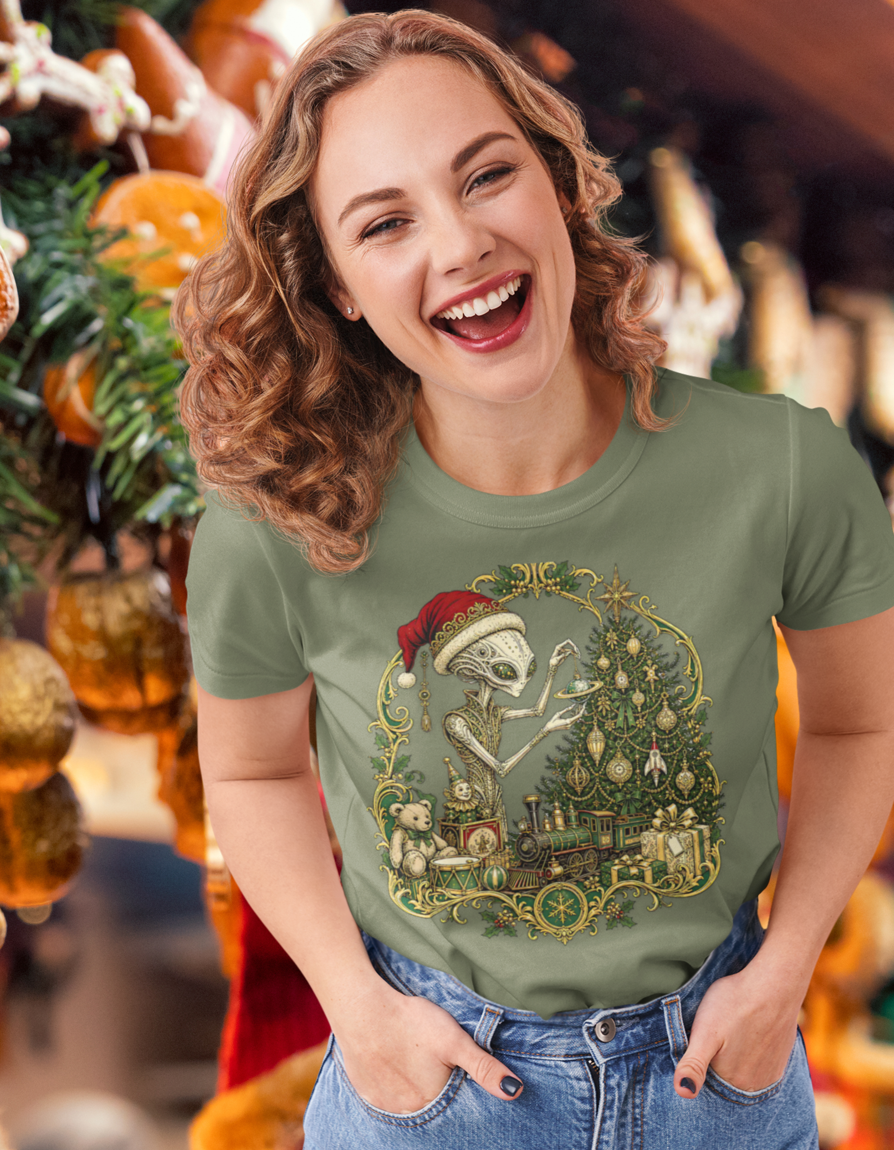 Victorian Christmas Alien Santa Tree T‑Shirt — Funny Retro Extraterrestrial Christmas Tee