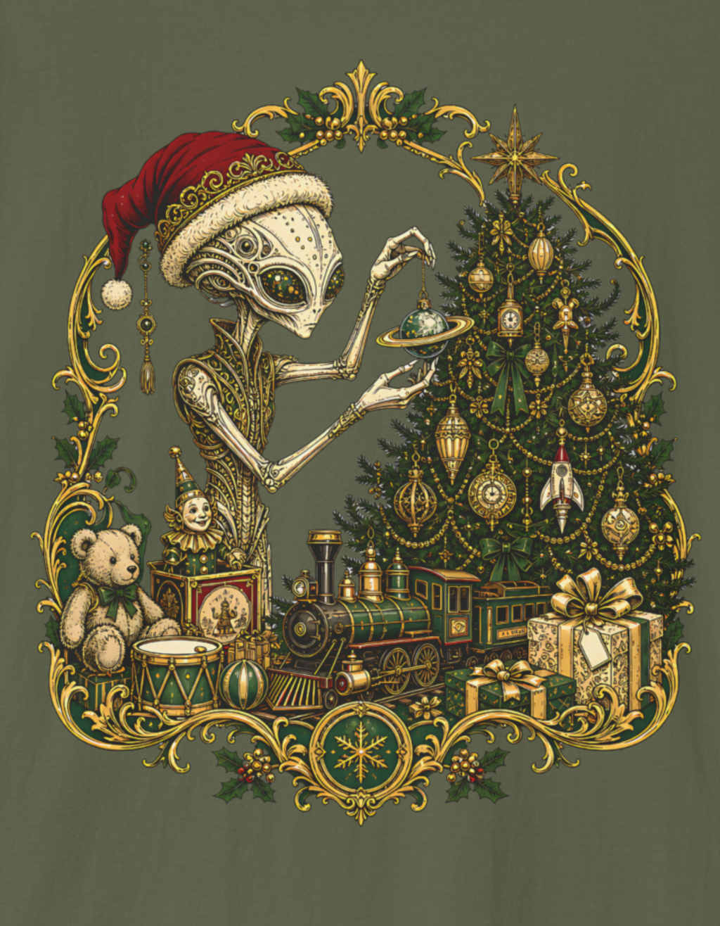 Victorian Christmas Alien Santa Tree T‑Shirt — Funny Retro Extraterrestrial Christmas Tee