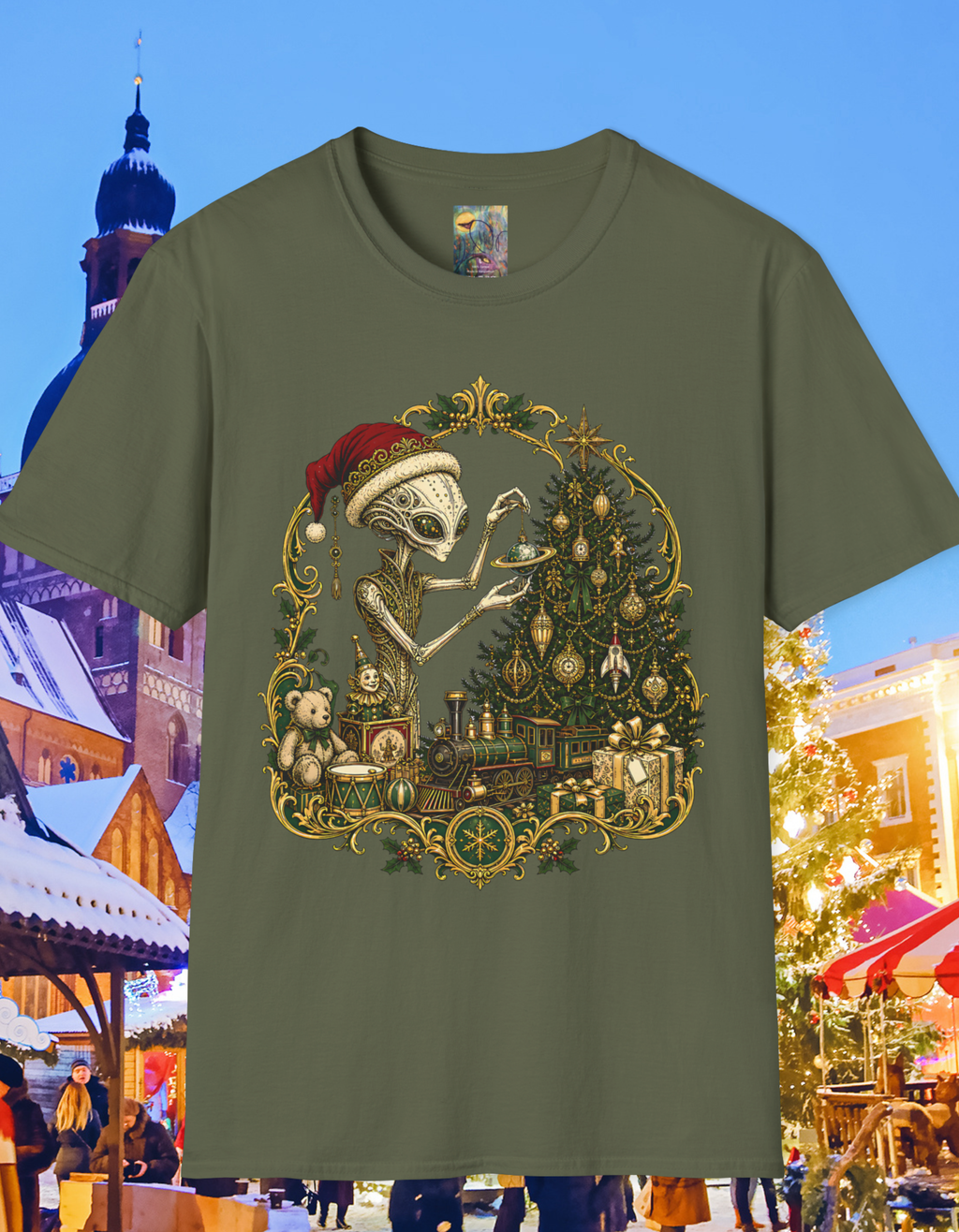 Victorian Christmas Alien Santa Tree T‑Shirt — Funny Retro Extraterrestrial Christmas Tee
