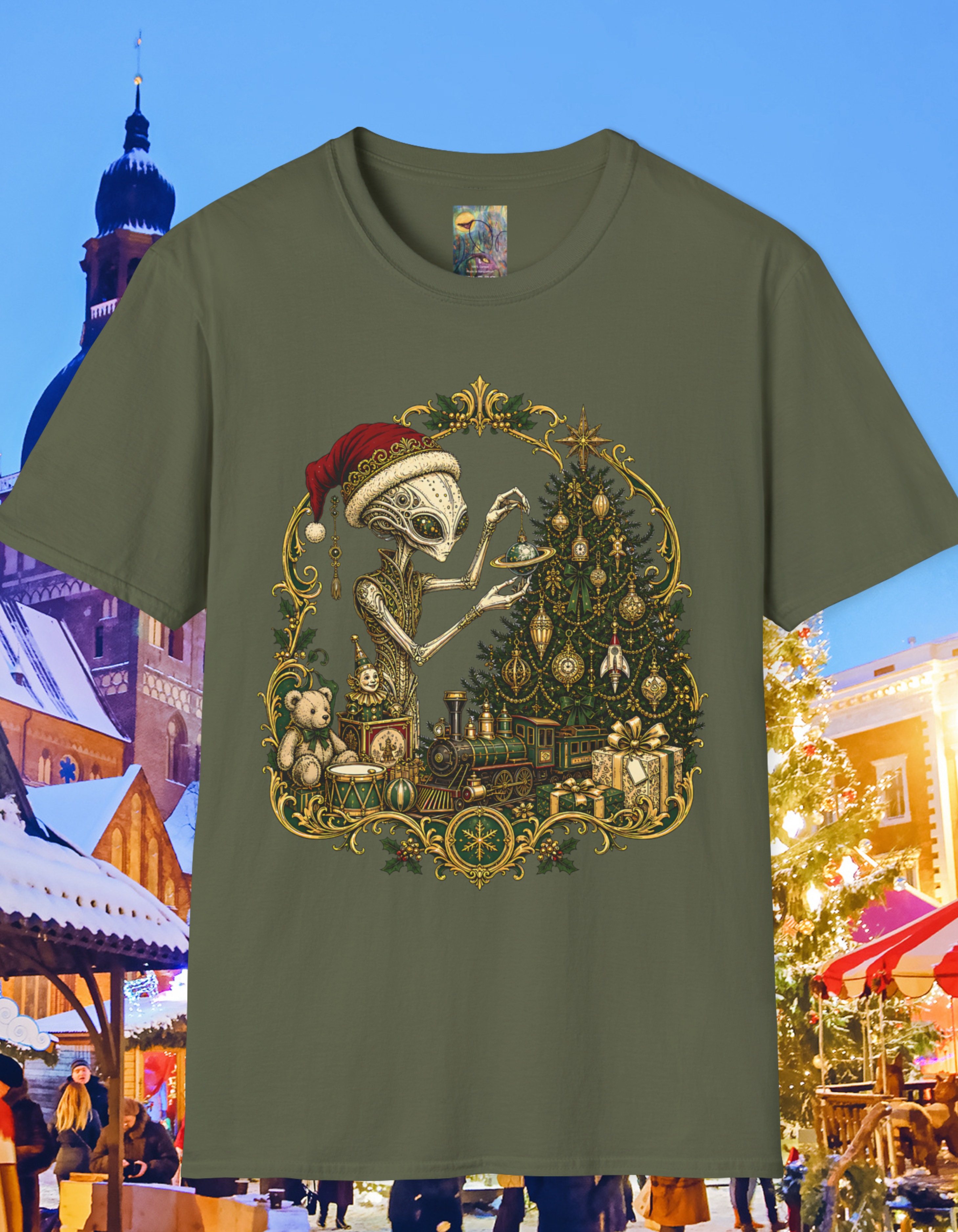 Victorian Christmas Alien Santa Tree T‑Shirt — Funny Retro Extraterrestrial Christmas Tee