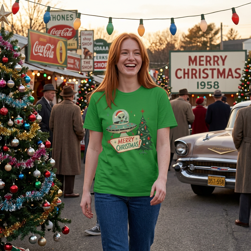 Alien in UFO Christmas T-Shirt — Merry Christmas Holiday Tee
