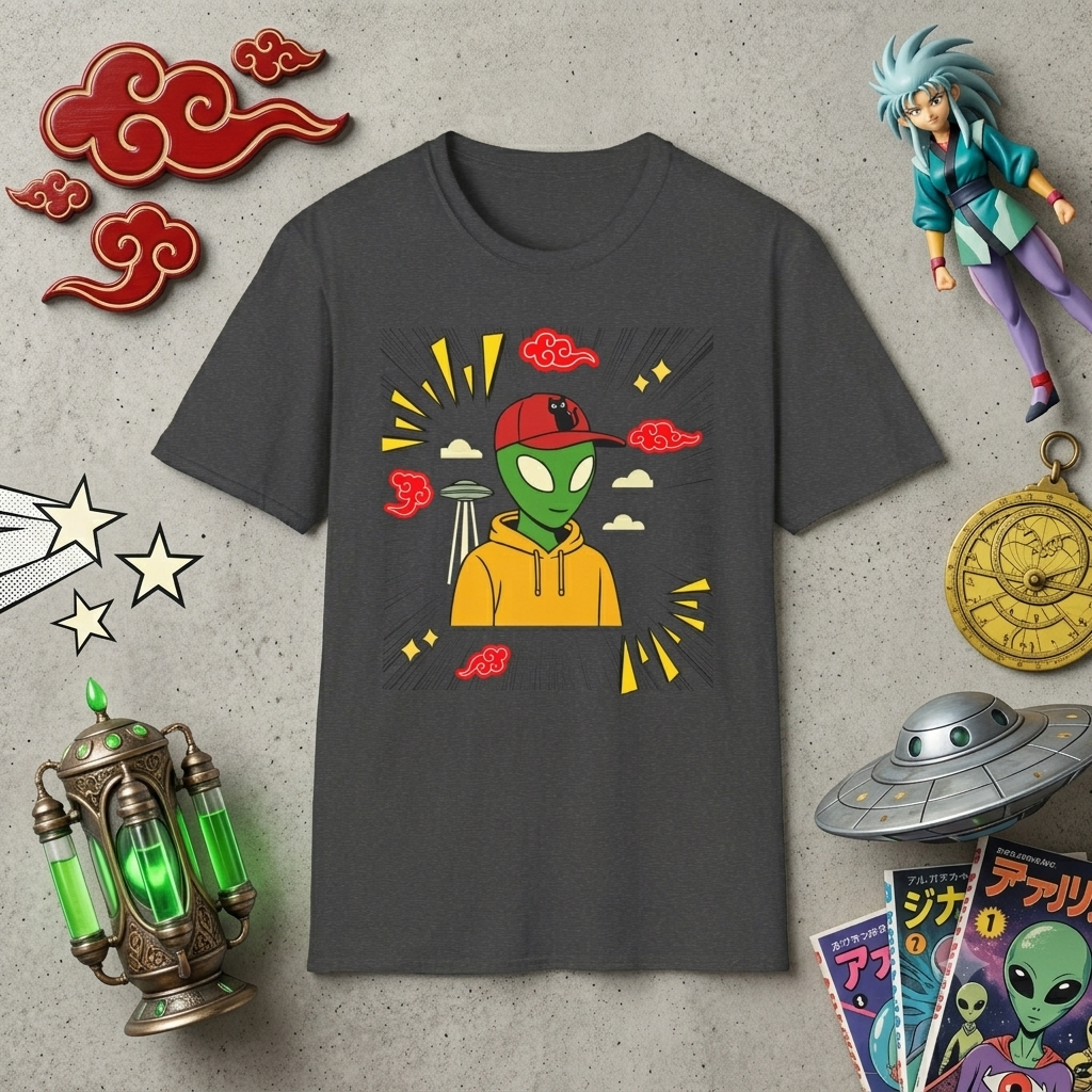 Alien Streetwear T-Shirt — Cute Green Alien with Hoodie & Cap