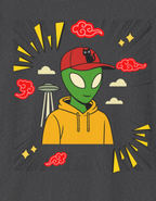 Alien Streetwear T-Shirt — Cute Green Alien with Hoodie & Cap