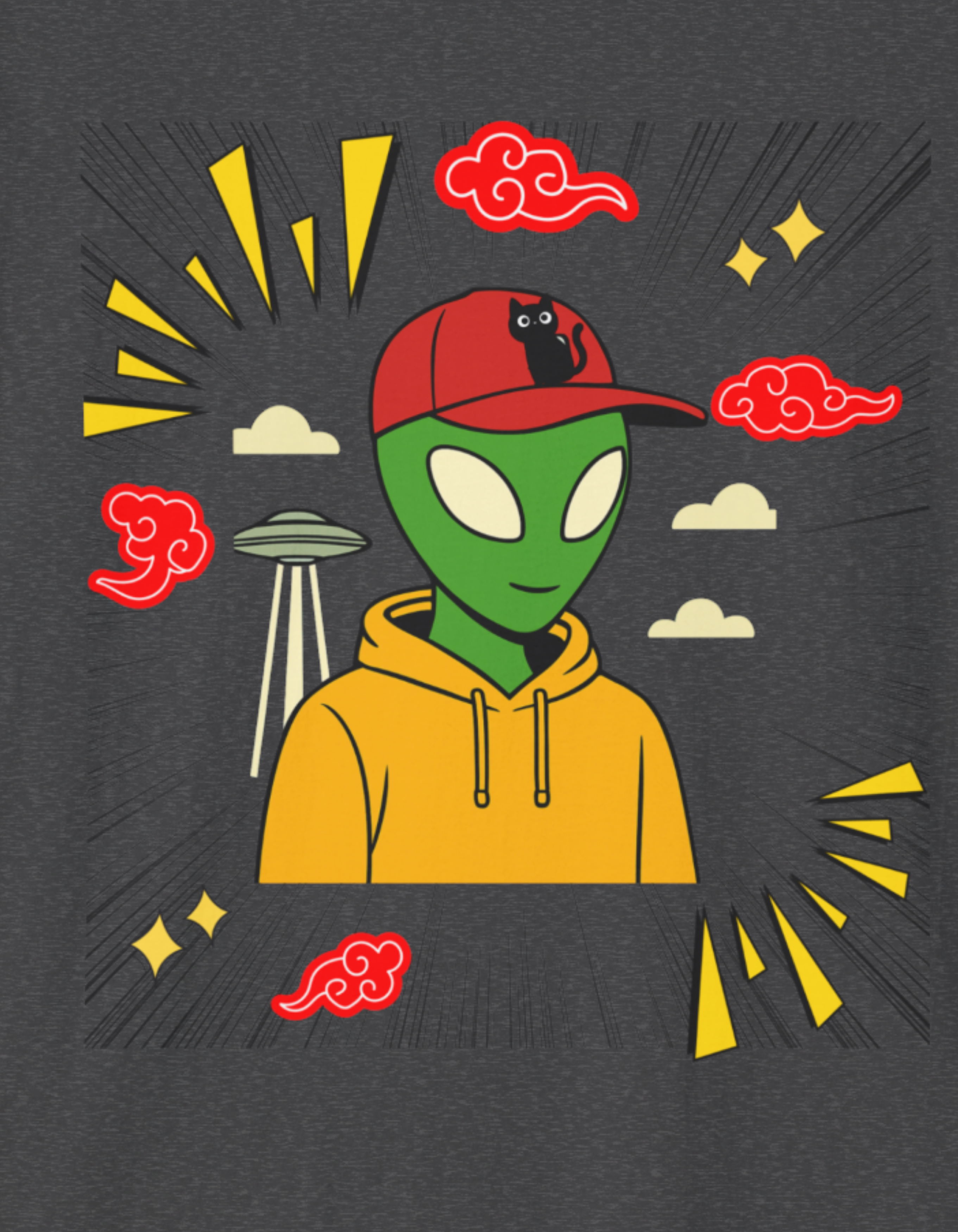 Alien Streetwear T-Shirt — Cute Green Alien with Hoodie & Cap