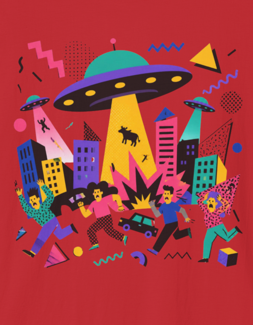 Alien Invasion Cityscape T-Shirt — Colorful UFO Abduction Graphic