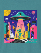 Alien Abduction Graphic T-Shirt — Retro Neon UFO City Tee