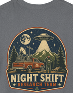 Night Shift UFO T‑Shirt — Retro Alien Abduction Camping Design