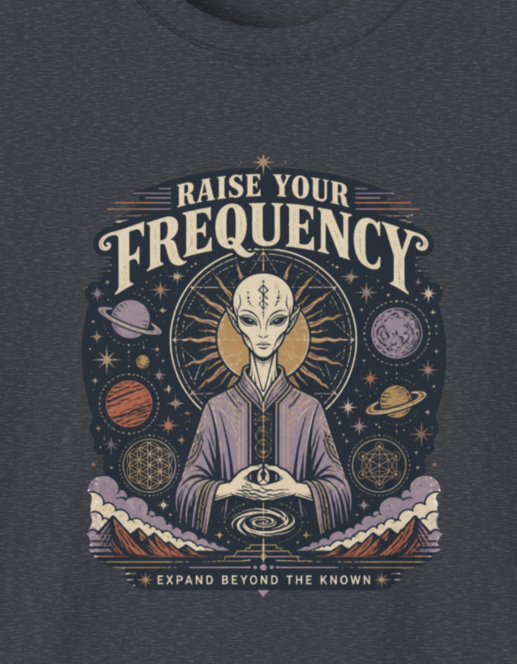 Raise Your Frequency T-Shirt — Spiritual Alien Meditation Graphic Tee