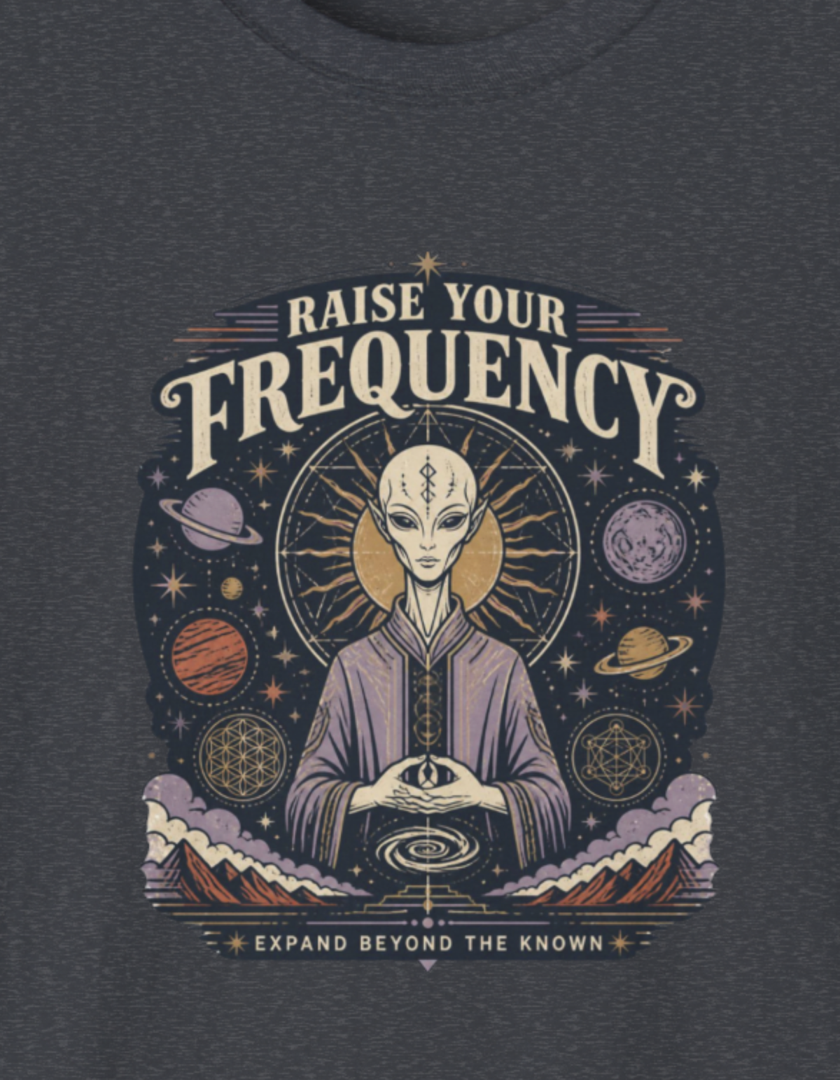 Raise Your Frequency T-Shirt — Spiritual Alien Meditation Graphic Tee