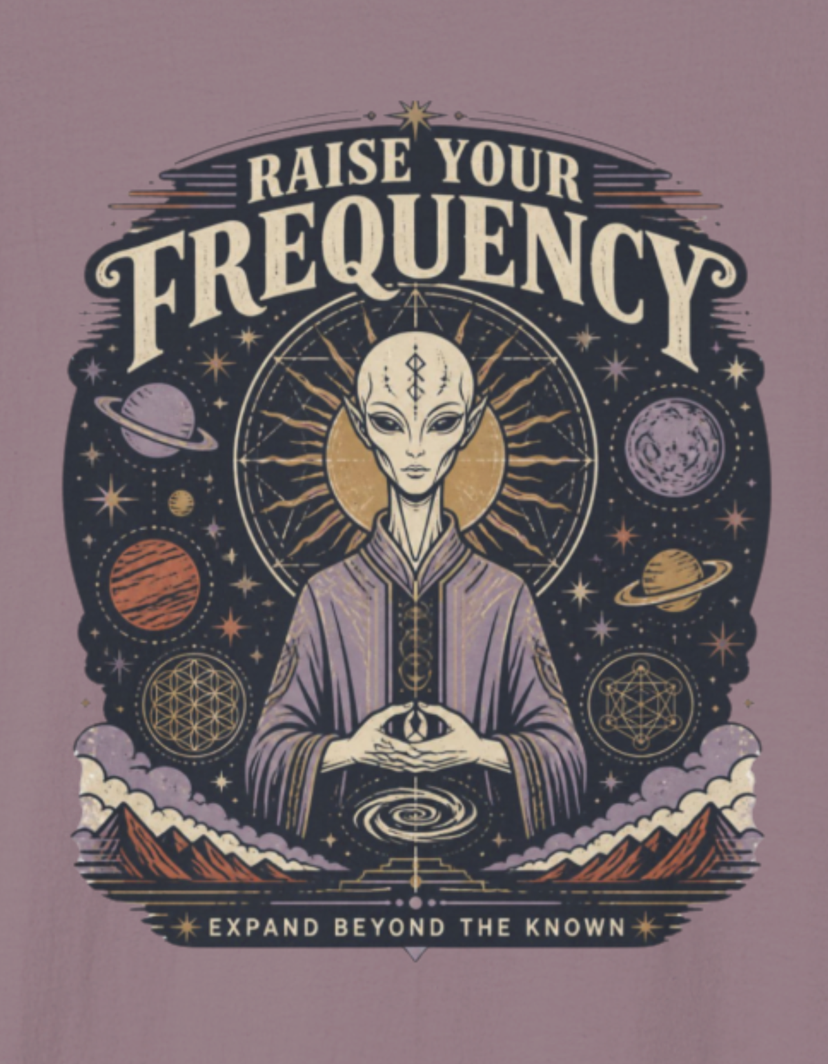 Raise Your Frequency T-Shirt — Spiritual Alien Meditation Graphic Tee