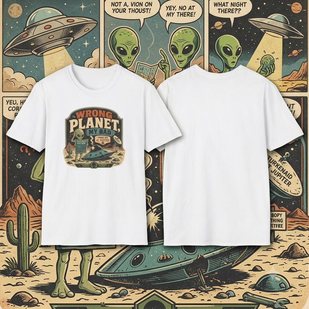 Wrong Planet My Bad T-Shirt — Retro Alien Space Humor Tee