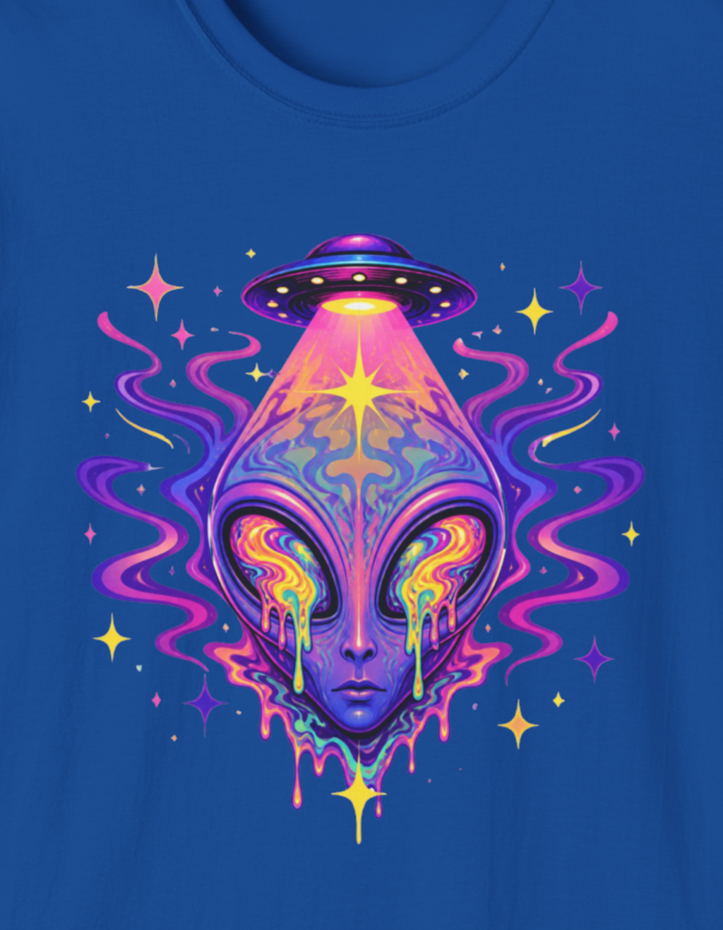 Psychedelic Alien UFO T-Shirt — Royal Trippy Cosmic Face Graphic Tee
