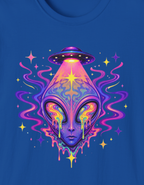 Psychedelic Alien UFO T-Shirt — Royal Trippy Cosmic Face Graphic Tee